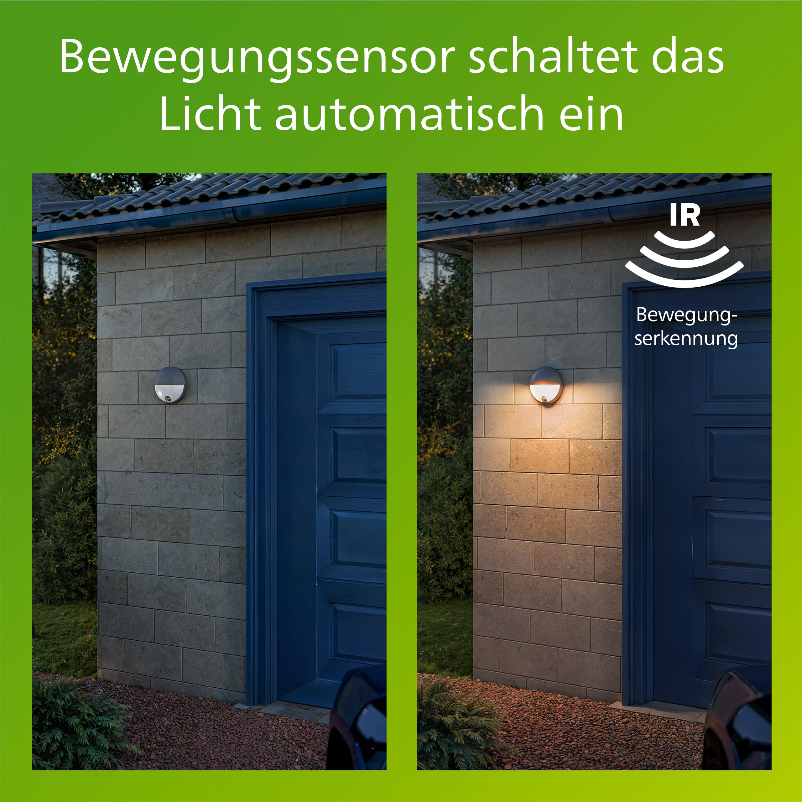 PHILIPS Capricorn Außenwandleuchte, ultra-effizient, 800 lm, 2700 K, PowerShield, IP44 wetterfest, langlebig, Aluminium, Bewegungsmelder, integrierte LED, Anthrazitgrau