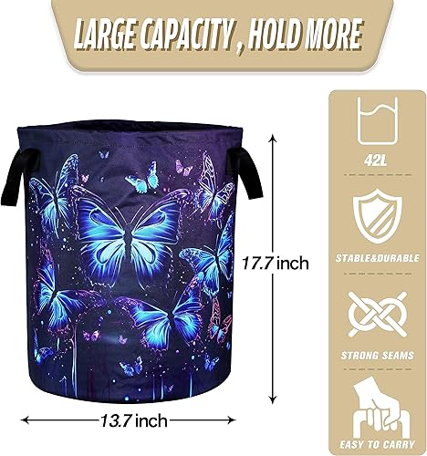 Miniatura 2 de Cesta de lavandería de mariposa azul y morada, plegable, impermeable, de tela Oxford, divertida bolsa de lavandería, cubo de almacenamiento de ropa,