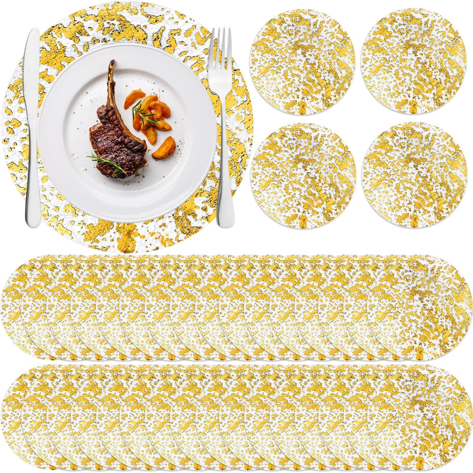Paquete de 50 manteles individuales desechables dorados metálicos redondos de lámina dorada de 13 pulgadas, malla prensada, camino de mesa, decoración para bodas, fiestas, cenas en casa, manteles de