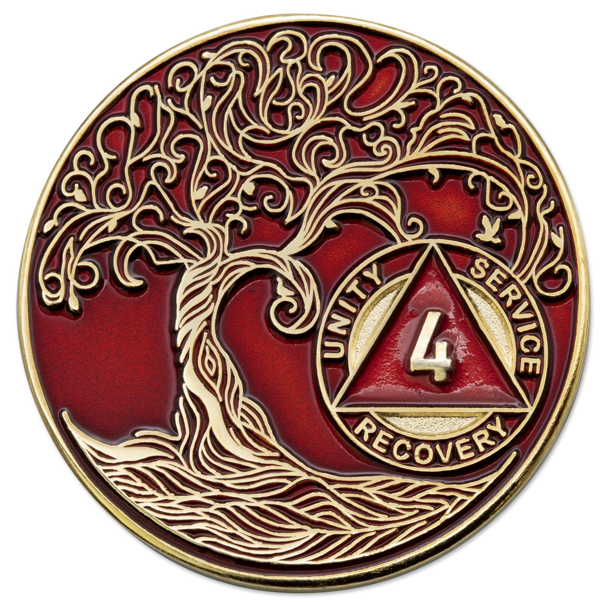 1 to 50 Year Twisted Tree of Life Sobriety Coin - Gold Plated AA Chips &amp; Medallions - 4 Year Sobriety Coin - Red