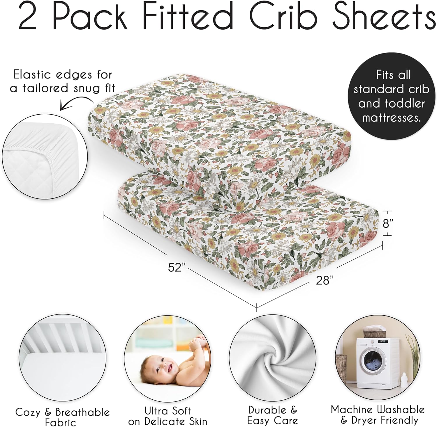 Sweet Jojo Designs 2-Piece Baby Crib Sheets Set (Boho Vintage Floral) for Girls, Infant Nursery, Toddler Room - Fitted, Standard Size (Shabby Chic, Rose, Daisy, Bohemian, Farmhouse, Wildflower, Pink)