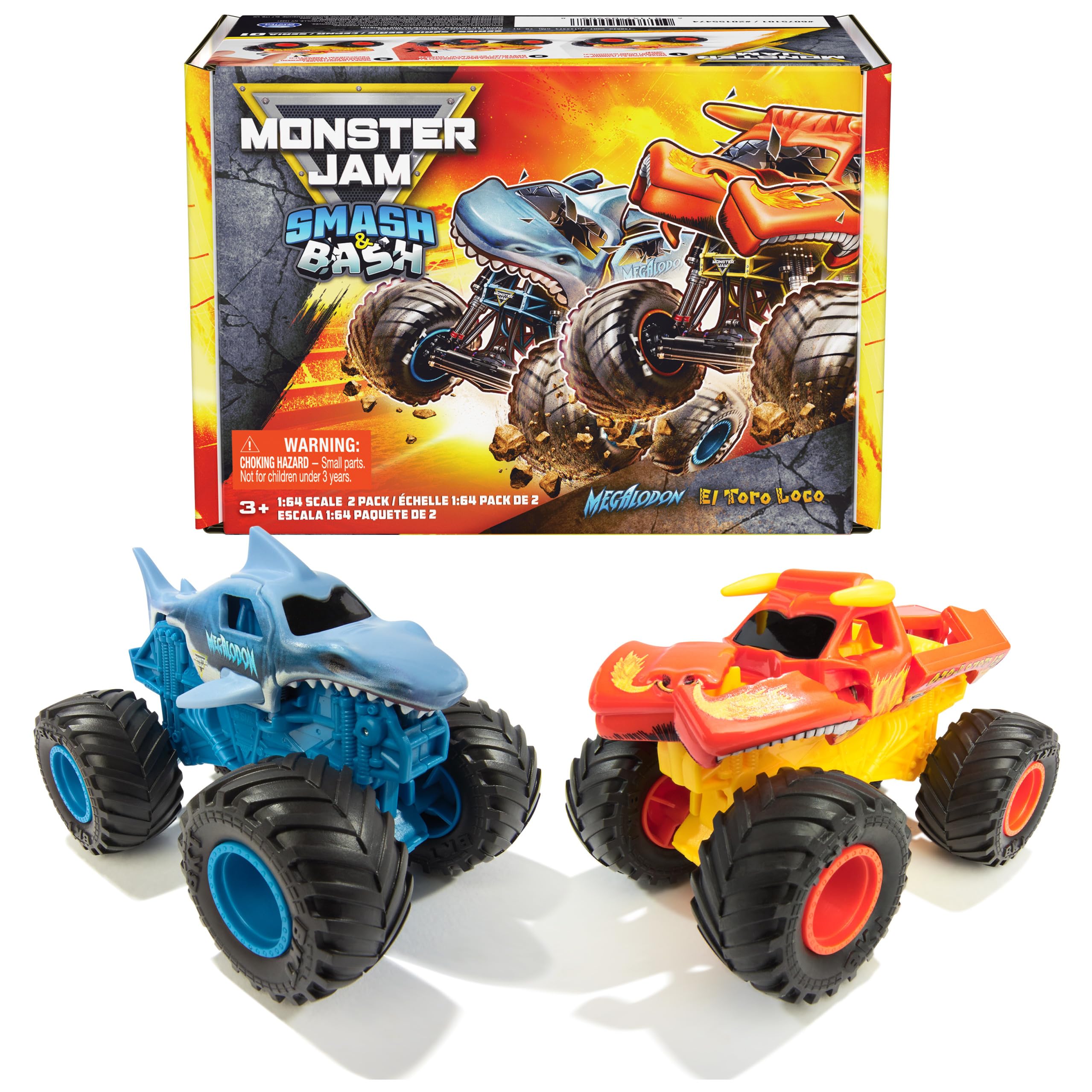 Monster Jam Smash & Bash 2-Pack Monster Trucks, Megalodon & El Toro Loco, 1:64 Die Cast Repairable Monster Truck, Kids Toys for Boy and Girls Ages 3