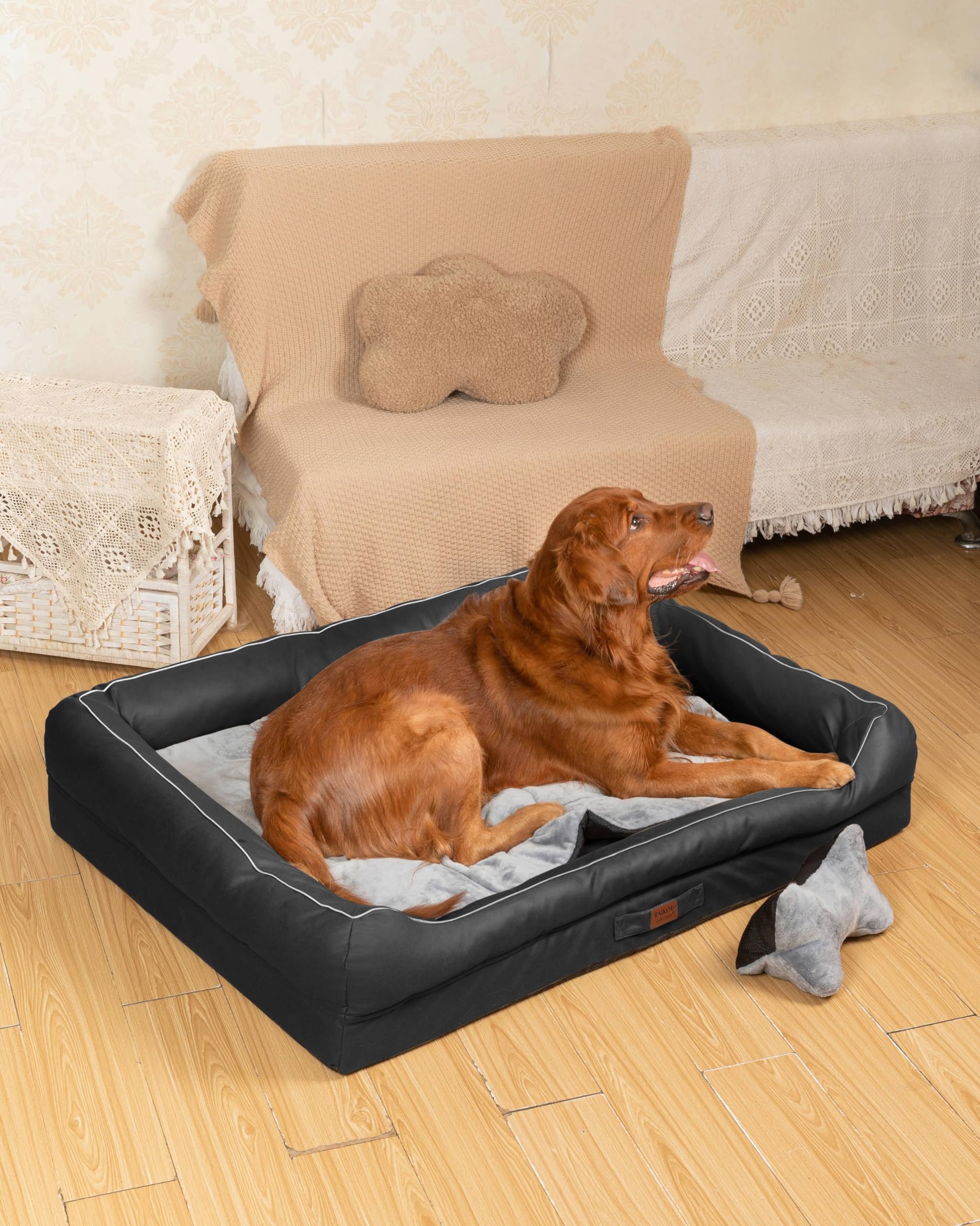 RAIKOU Matelas Orthopédique Chien,Canapé pour Chien,Lit en Mousse pour Chien,Coussin Chien Mémoire de Forme,Panier Chien Dehoussable,Lit pour Chien&Chat Lavable et Antidérapant(Noir,100x80x9cm)