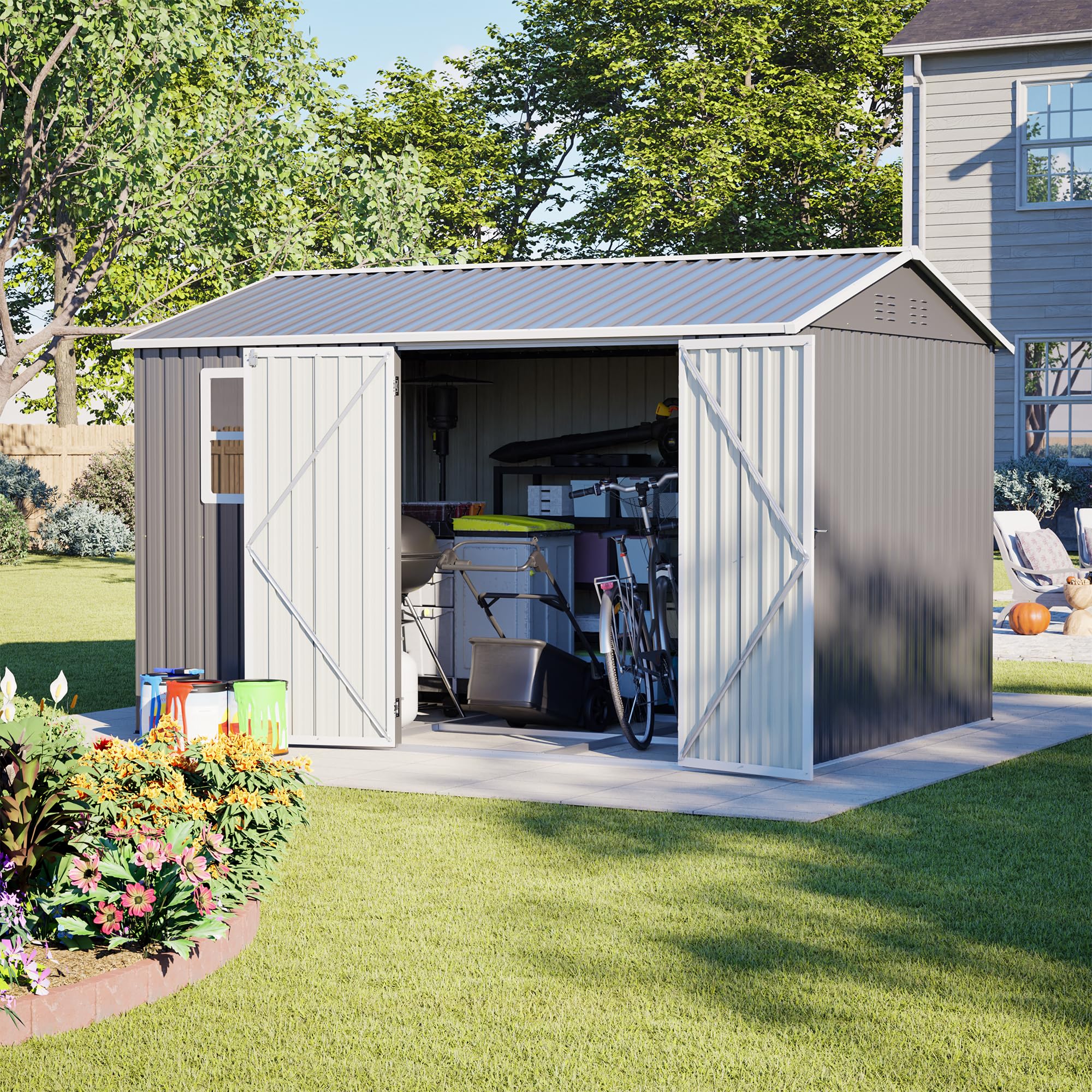 Ball & Cast 8 x 10 ft Outdoor Storage Shed Galvanized Metal Bike Shed, Tiny House Garden Tool Storage with Air Vent and Slide Door for Backyard Patio Lawn, Gray
