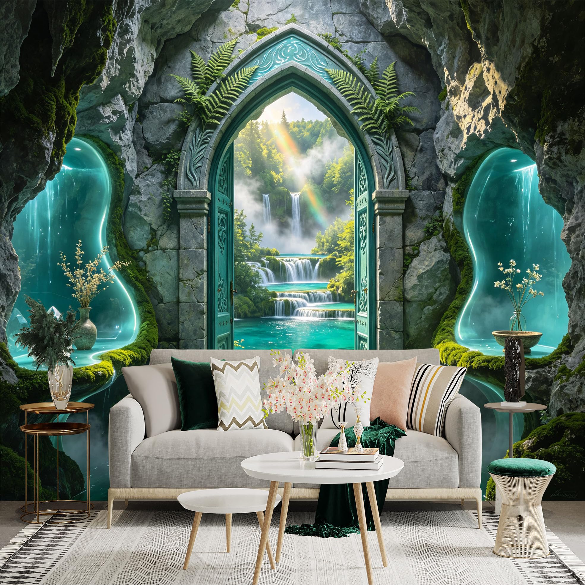 Custom Size Wall Sticker Mural， Fantasy Cave Portal with Waterfall， Crystal Lagoon and Rainbow Forest， for wall Decoration， peelandstick wall Decals.