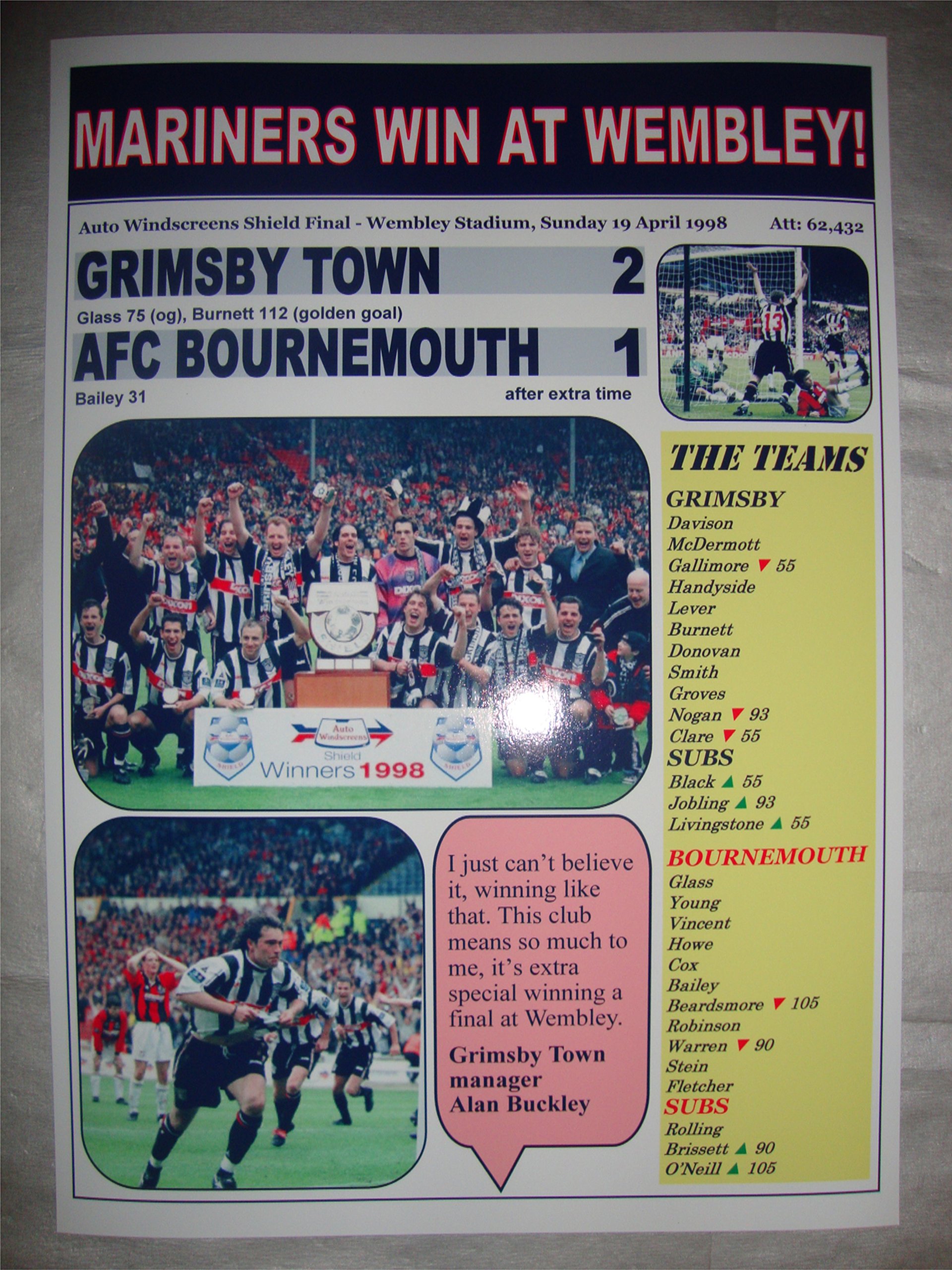 Lilywhite Multimedia Grimsby Town 2 Afc Bournemouth 1-1998 Aws Final - Souvenir Print