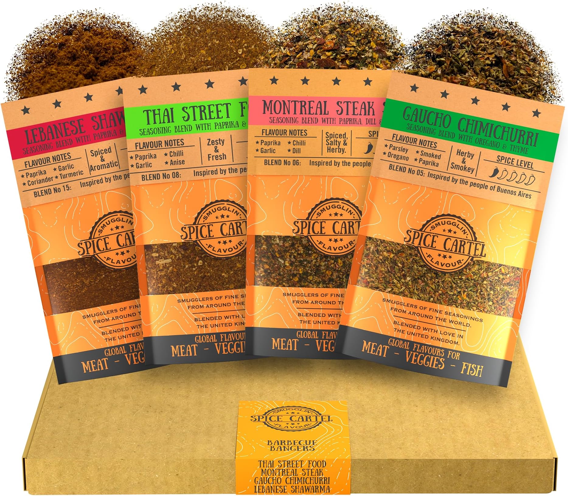 Barbecue Bangers Gift Box Collection of Rubs & Marinades for Seriously Tasty Barbecue, 4-35g Resealable Pouches