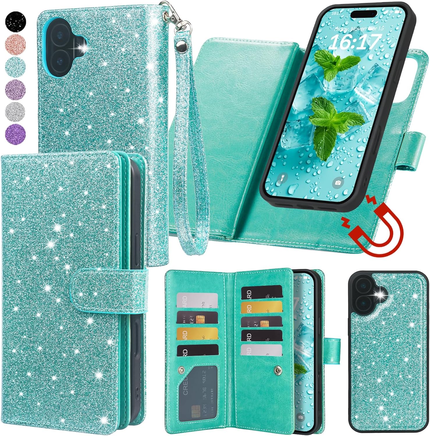 Varikke for iPhone 16 Wallet Case Detachable with RFID Blocking Card Holder for Women, Glitter PU Leather Wrist Strap Strong Magnetic Flip Wallet Removable Phone Case for iPhone 16 6.1", Mint Green