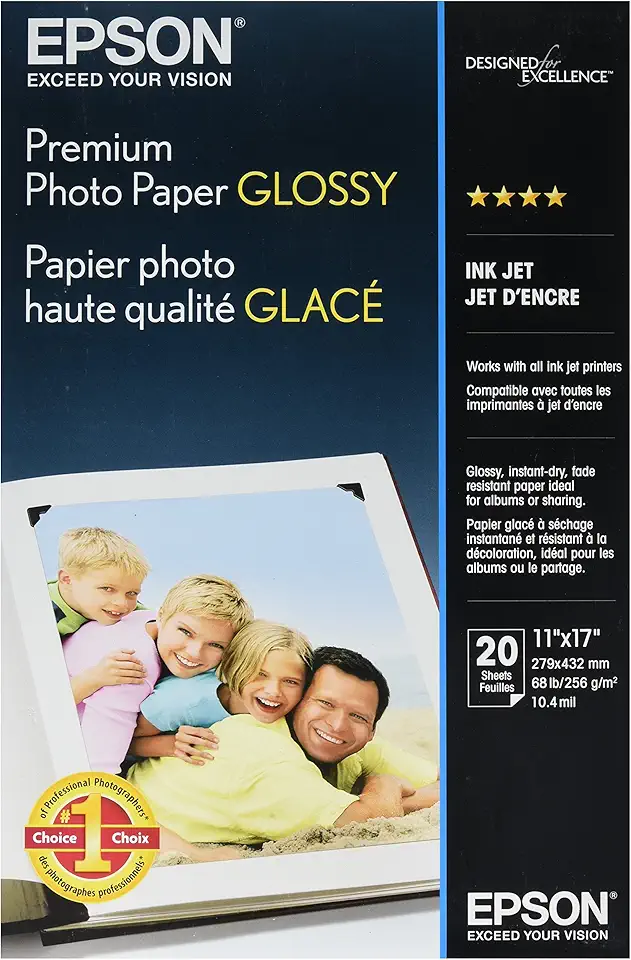 Epson Papel fotográfico premium, 30,8 kg, alto brilho, 28 x 43, 20 folhas/pacote