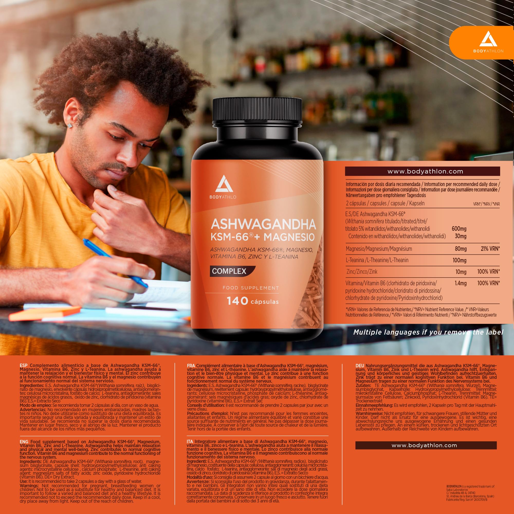 Ashwagandha KSM66 + Magnesio Bisglicinato + L-Teanina | Menos Estrés, Ansiedad| Más Descanso, Bienestar Mental y Físico |100% Raíz+ 5% Withanolidos+ Vitamina B6+ Zinc - Vegano- Sin Gluten| Bodyathlon