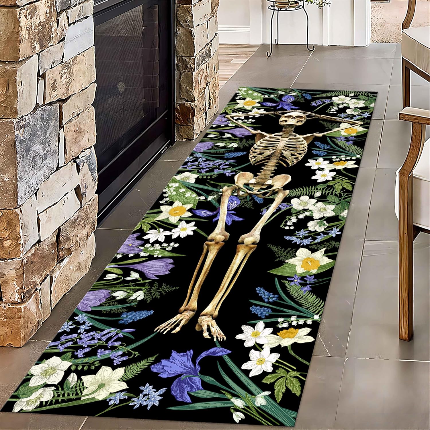 Skull Entrance Rugs, 1.3x7ft, Human Skeleton Halloween Area Rug, Boho Flowers Plants Cozy Durable Non-Slip Throw Rugs, Soft Pet Friendly Dirty Resistant for Runner Indoor Office