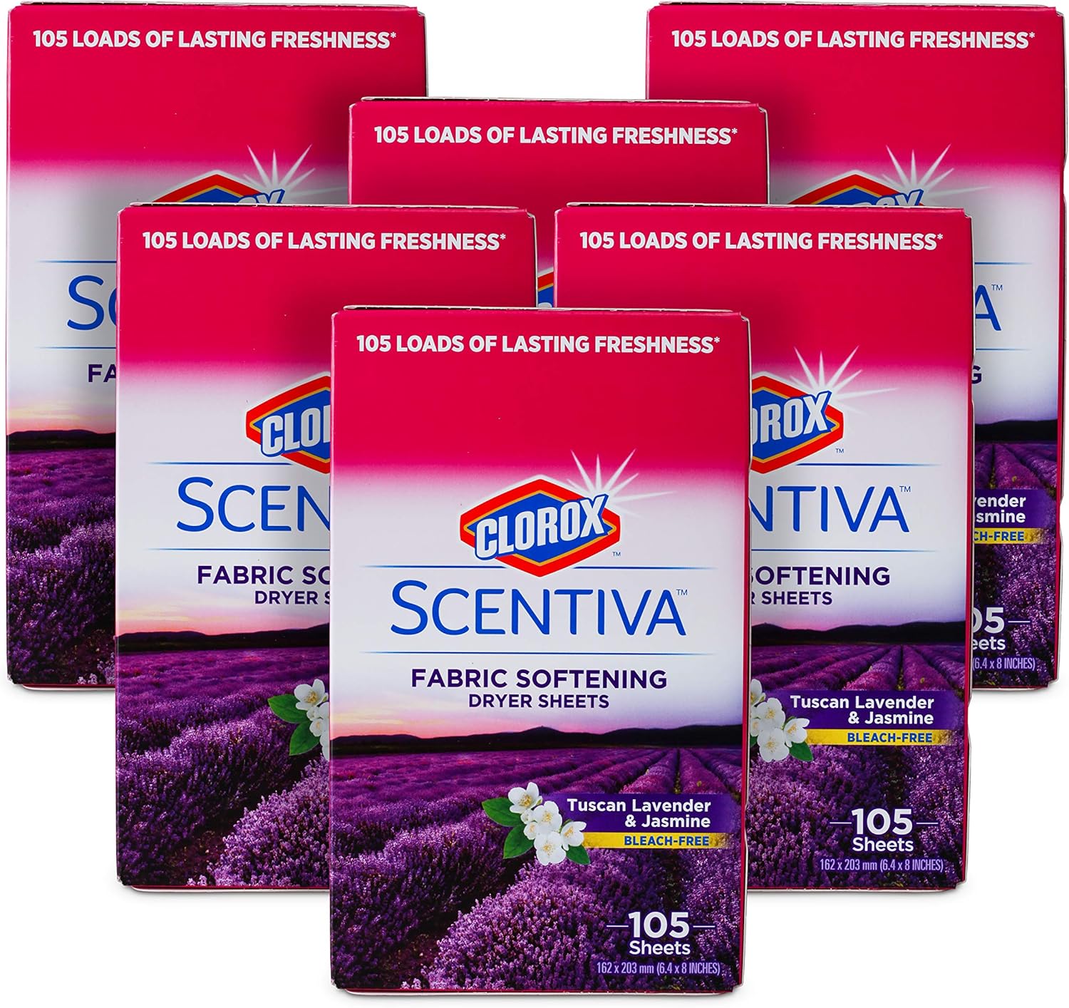 Clorox Scentiva Fabric Softening Dryer Sheets Fabric Sheets in Tuscan Lavender & Jasmine Scent Laundry Dryer Sheets for Fresh & Clean Clothes (Pack of 6, 630 Count Total)