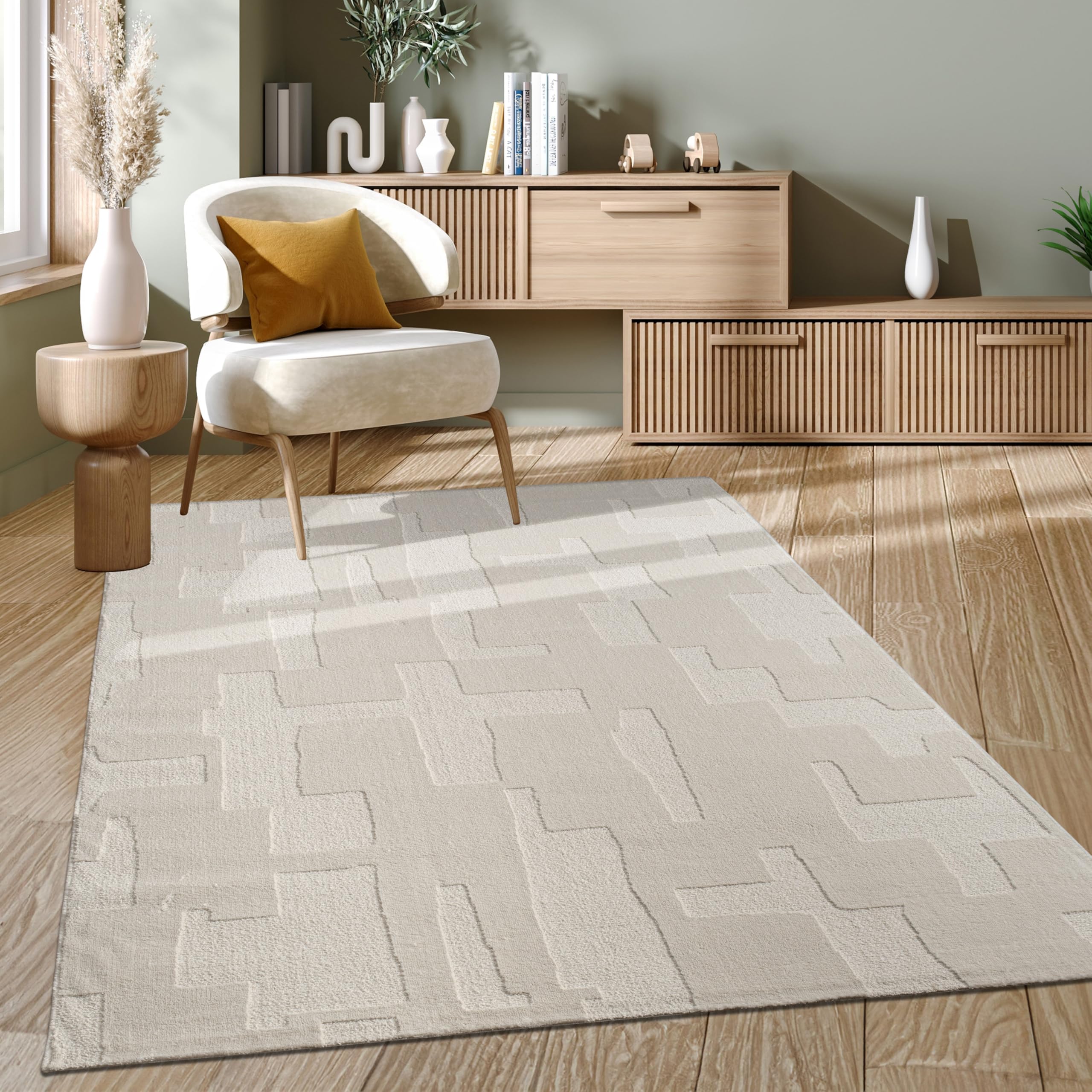 Paco Home Teppich Wohnzimmer Schlafzimmer moderner Kurzflor Abstrakte Organische Designs Geometrisch 3D Effekt hochwertig weich Creme, Grösse:200x290 cm, Farbe:Creme 2