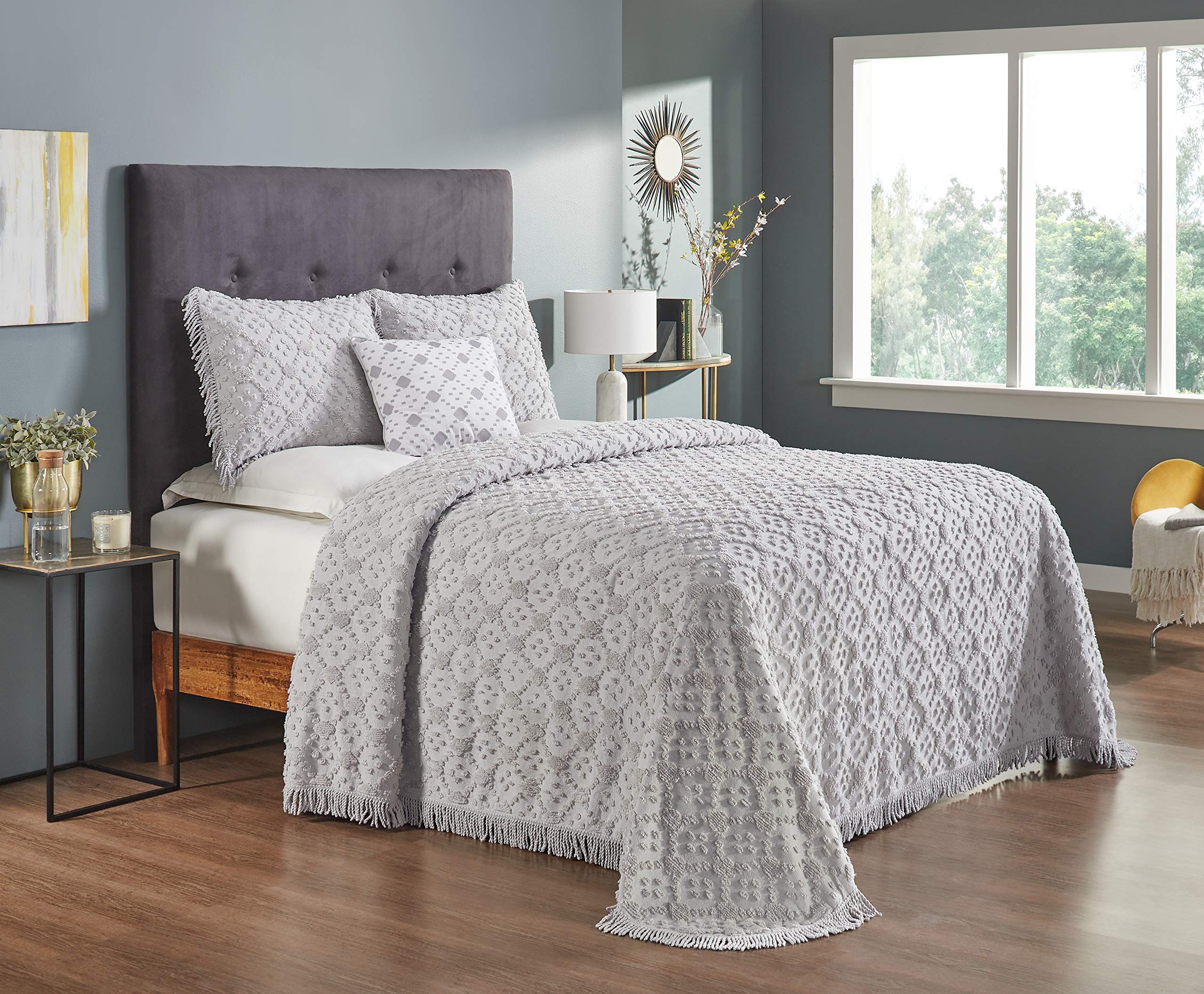Better Trends4 Pieces Set Chenille Bedspread King Size 100% Cotton Chenille Bedding Lightweight Bedding Geometric & Diamond Bedroom Decor Gray Charleston Collection