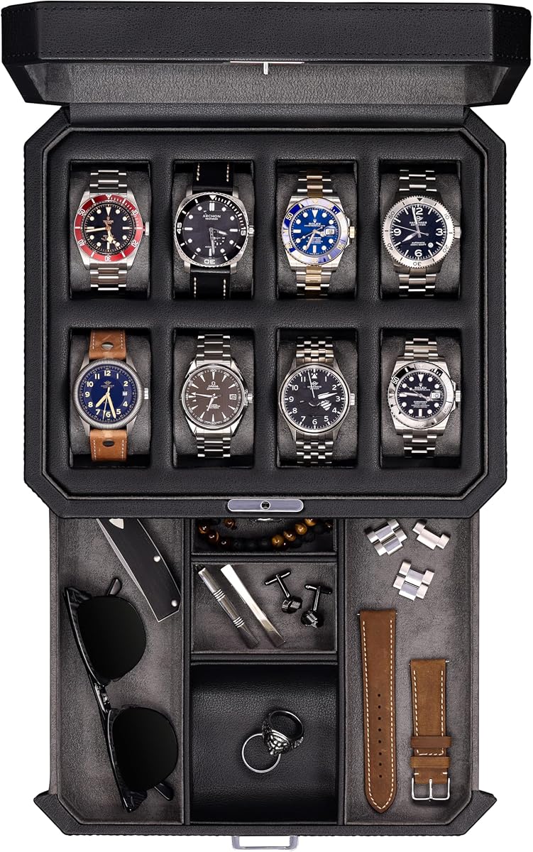 8 Slot Leather Watch Box with Valet Drawer - Luxury Case Display Jewelry Organizer, Locking Display Case Holder, Real Glass Top - Watch Box Organizer for Men & Women (Black/Grey)