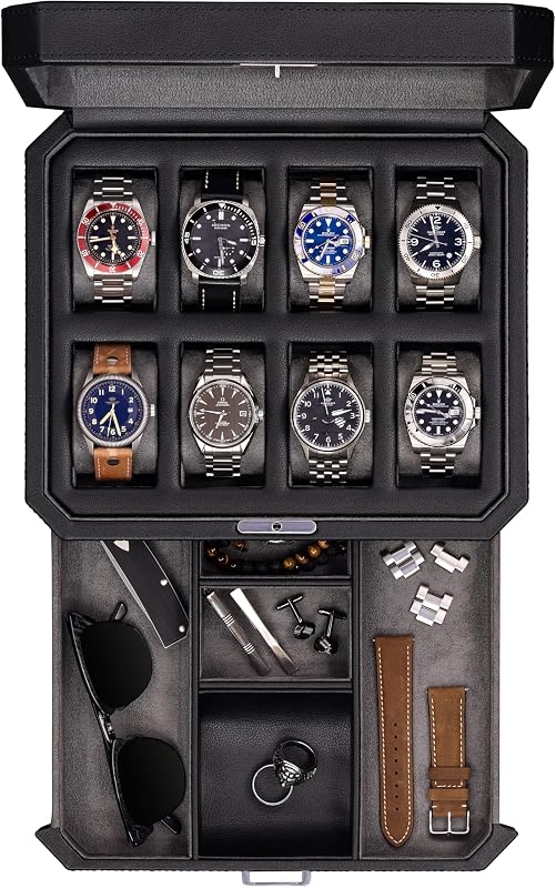 8 Slot Leather Watch Box with Valet Drawer - Luxury Case Display Jewelry Organizer, Locking Display Case Holder, Real Glass Top - Watch Box Organizer for Men & Women (Black/Grey)