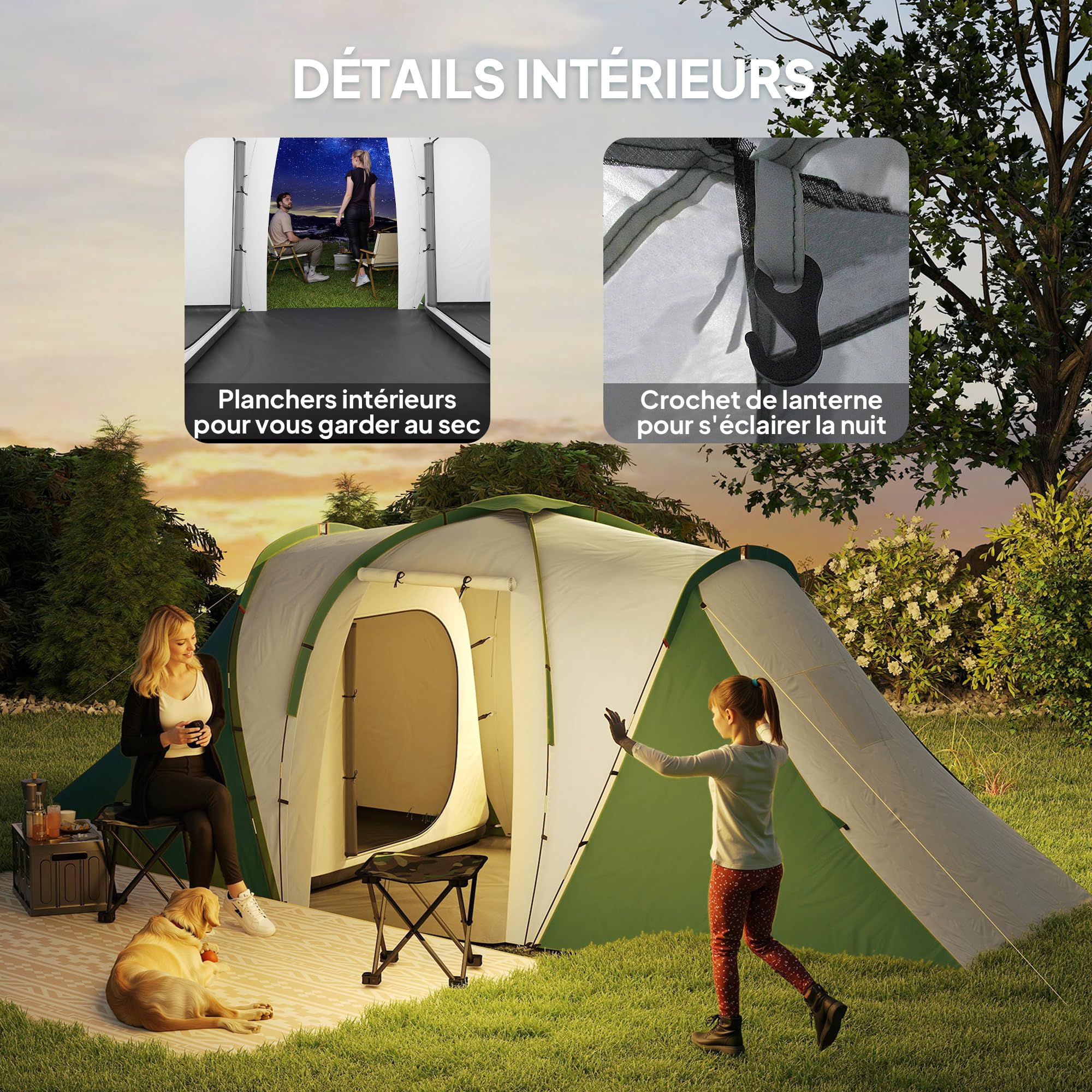 Outsunny Tente Tunnel Tente de Camping familiale 4-6 pers. légère ventilée Facile à Monter - 2 Grandes Portes 5,55 x 2,25 x 1,9 m Fibre Verre Polyester