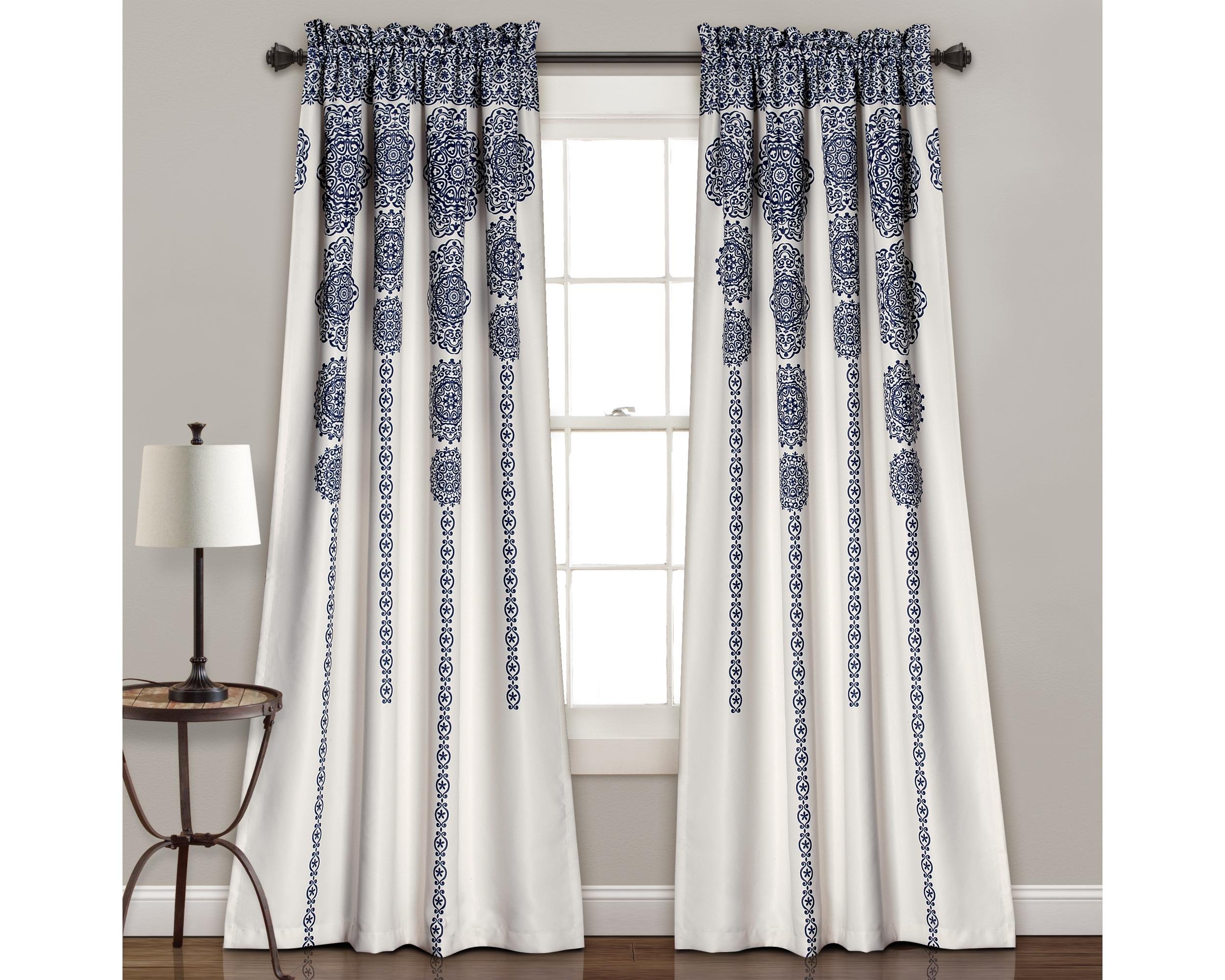 Lush Decor Fabric Mandala Bohemian Damask Print Room Darkening Window Panel Set for Living, Dining, Bedroom (Pair), Polyester, Navy, 52" W x 84" L (Pack of 1)