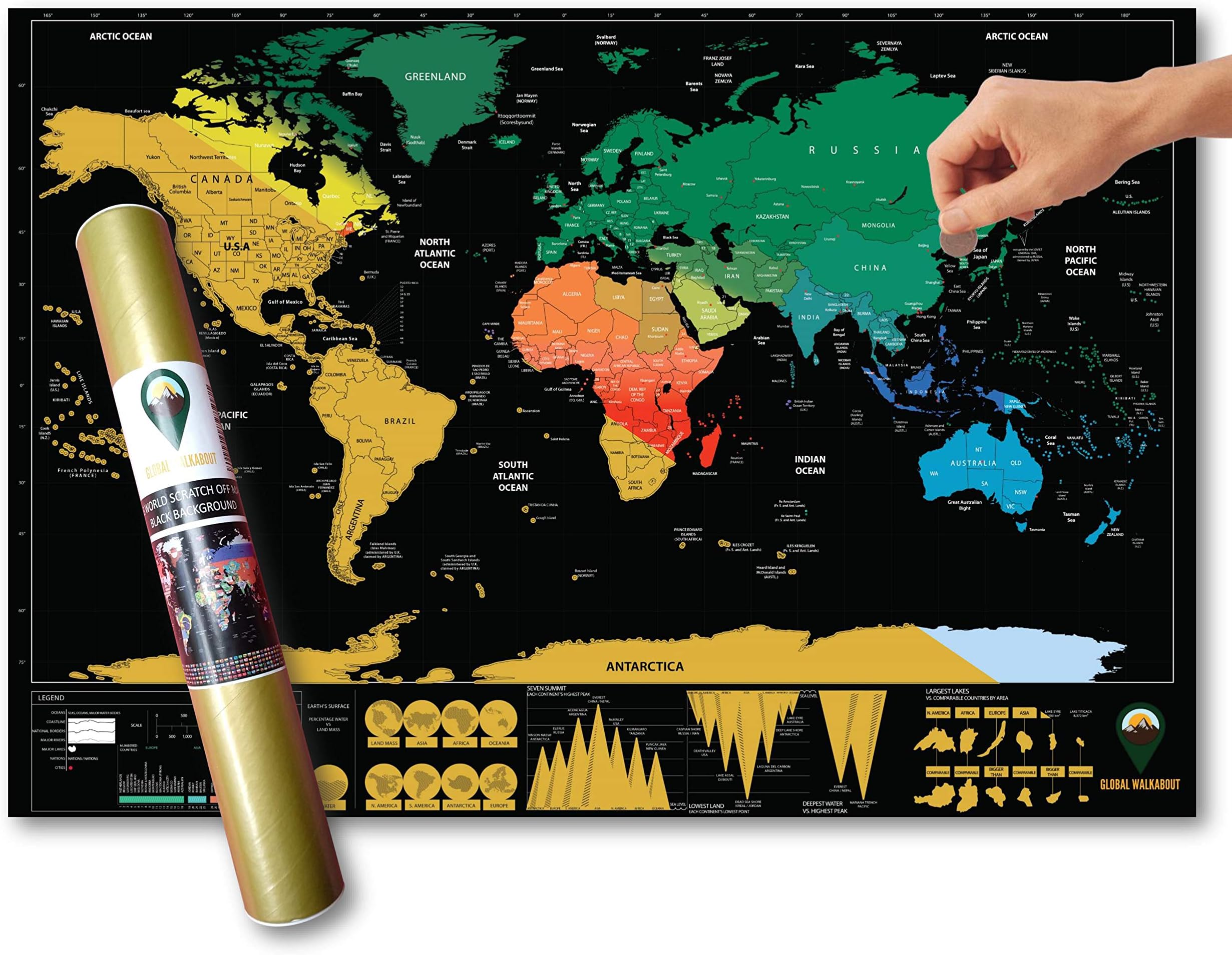 Scratch Off Map with colours background – Deluxe Travel Size World Map Poster – Countries and Facts – Travel Gift (Black)