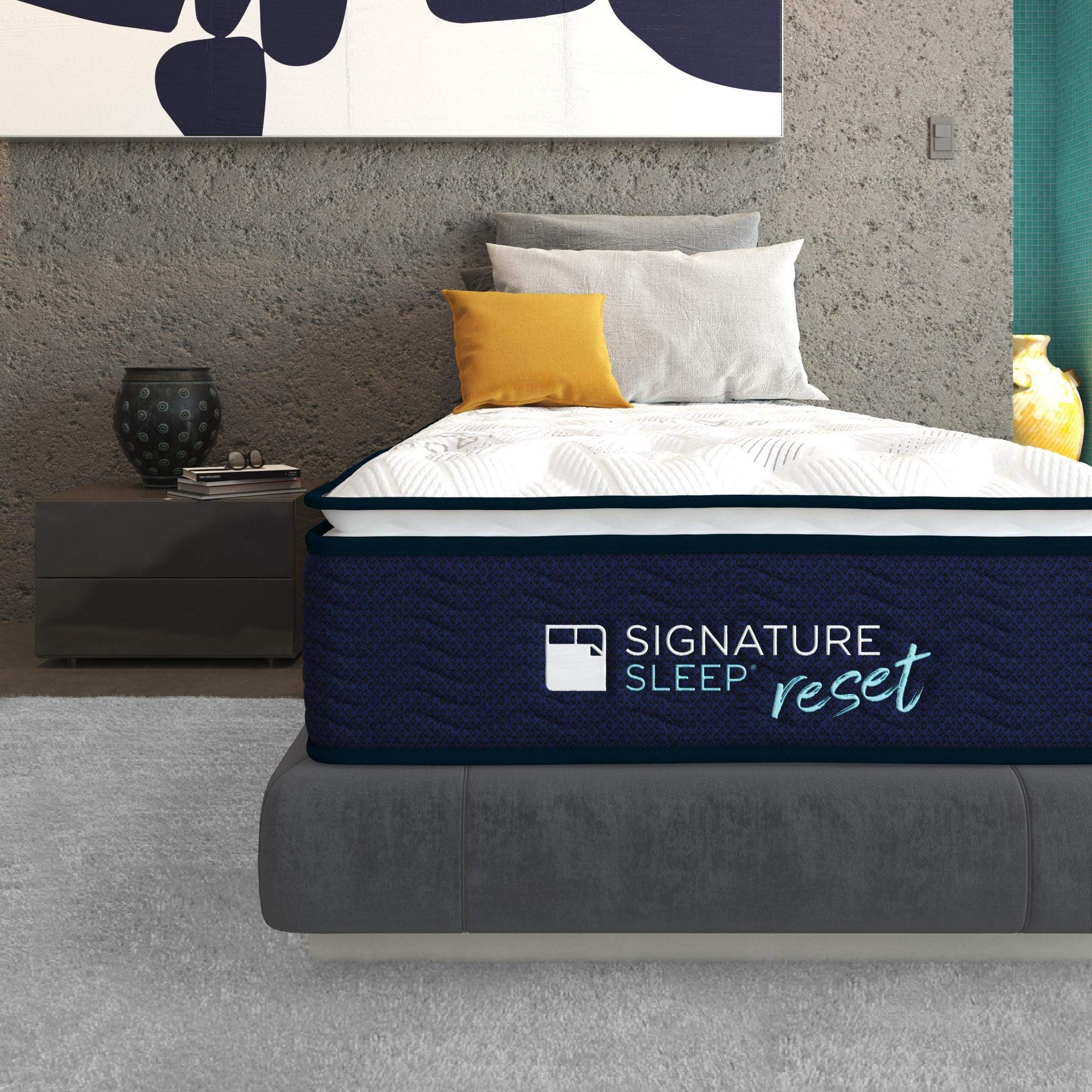 Signature Sleep Reset 12inches Activated Charcoal, Latex and Gel Memory Foam Pillow Top Hybrid Mattress, Twin Size