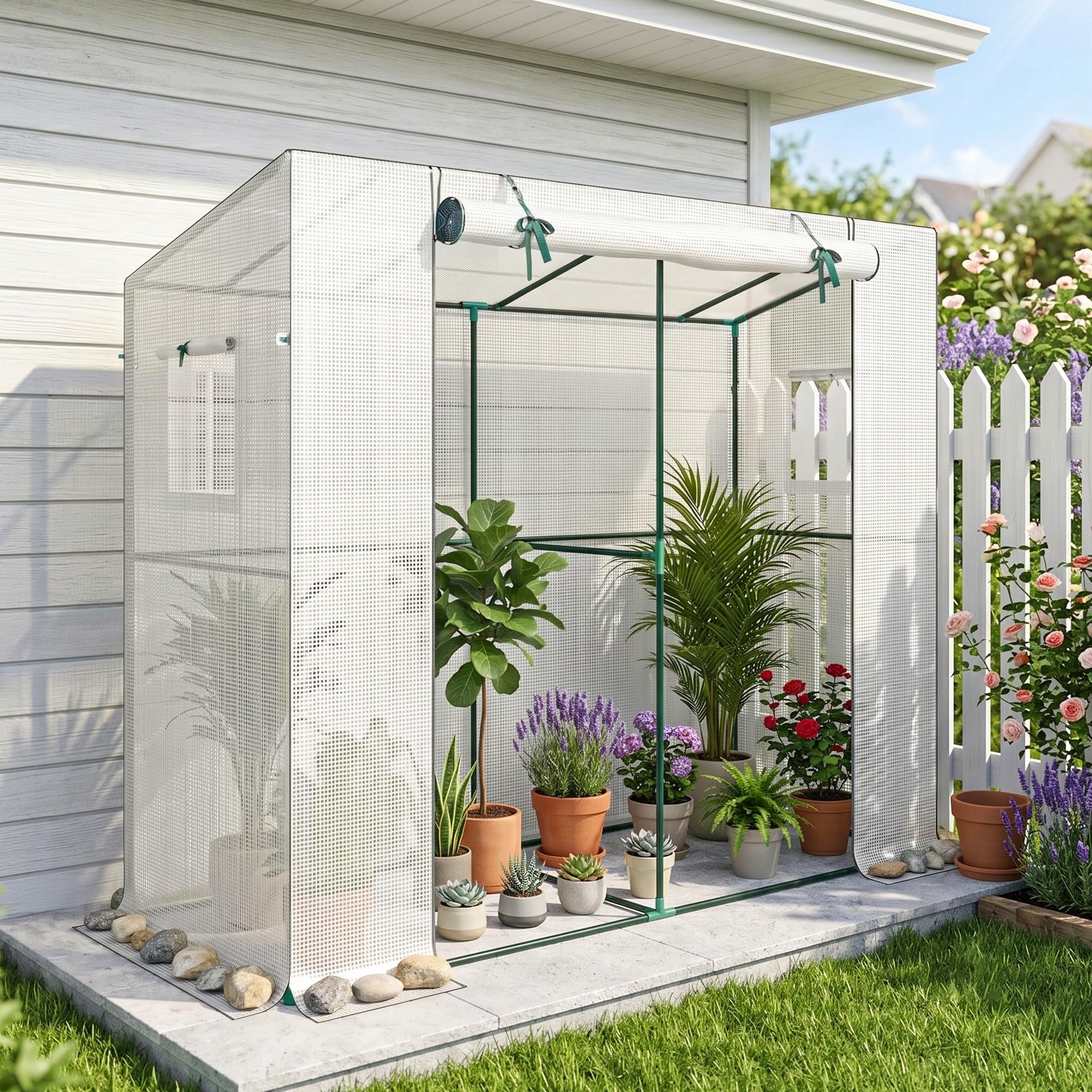 Outsunny Gewächshaus mit Rolltür 2 Fenster Winterfest 200x76x170cm Weiß | Foliengewächshaus aus Stahl, Treibhaus für Balkon Garten, Tomatenhaus mit UV Schutz, Tomatengewächshaus für Gemüse Blumen