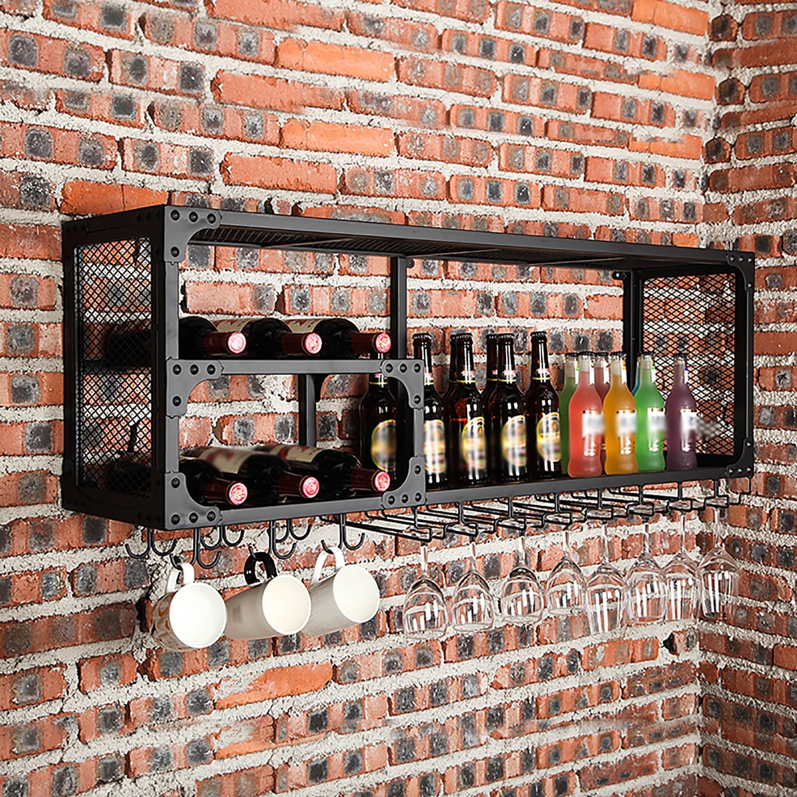 An der Wand montiertes Weinregal, schwebende Regale für die Bar, Aufbewahrungsorganisator für Flaschendisplays mit Metallrahmen, schwebender Champagnerflaschenhalter mit Glashaltern, für die
