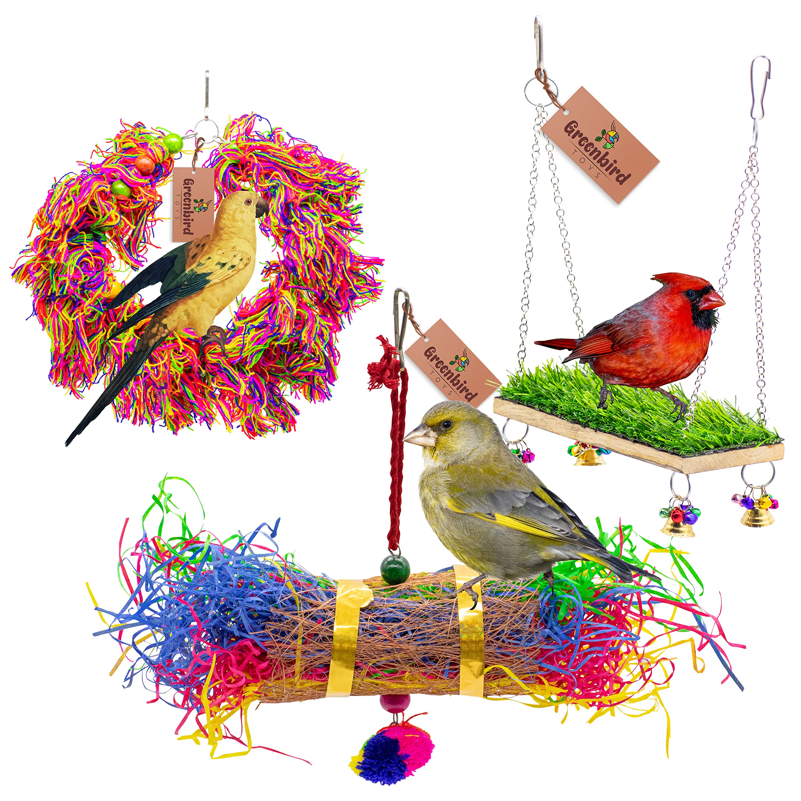GREENBIRDS TOYS Pack Of 3 Pcs Include Paper Shredded Foraging Chew Toy, Grass Swing, Cage Hanging Accessories Birds Toys Natural Wood Parrot Toys Cage Accessories Training Aid, Perch For Bird & Parrot