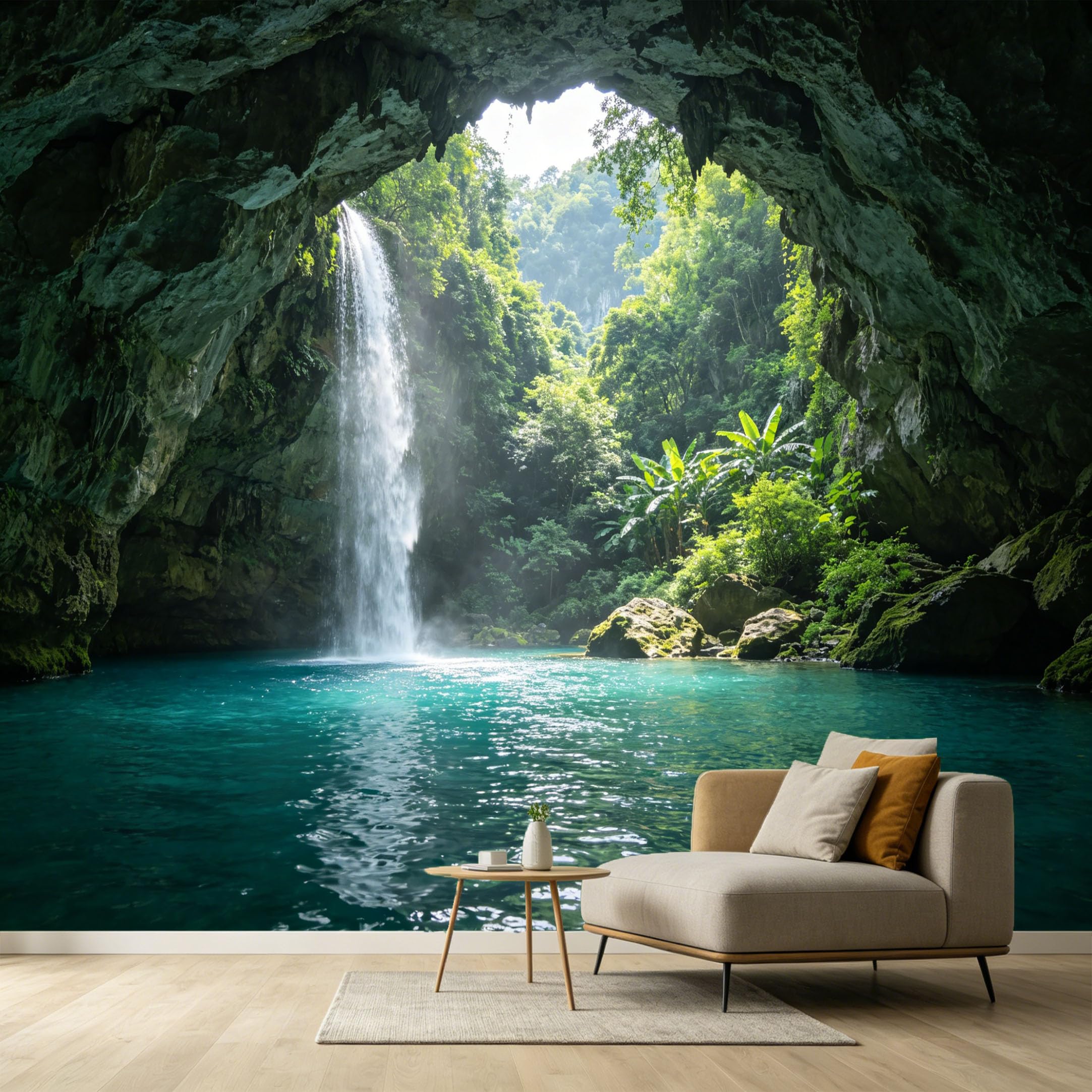 Custom Size Wall Murals Tropical Waterfall Cave Landscape Forest 3D Trompe L'Oeil SelfAdhesive Wall Fabric Removable Large Wallpaper for Photo Living Room