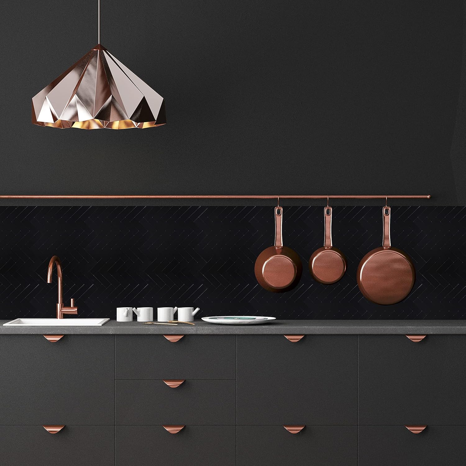 6-Sheet Kitchen Backsplash Peel and Stick Tile, Black Herringbone Aluminum Composite Panel Stick on Wall Tiles, 7.32 sq.ft