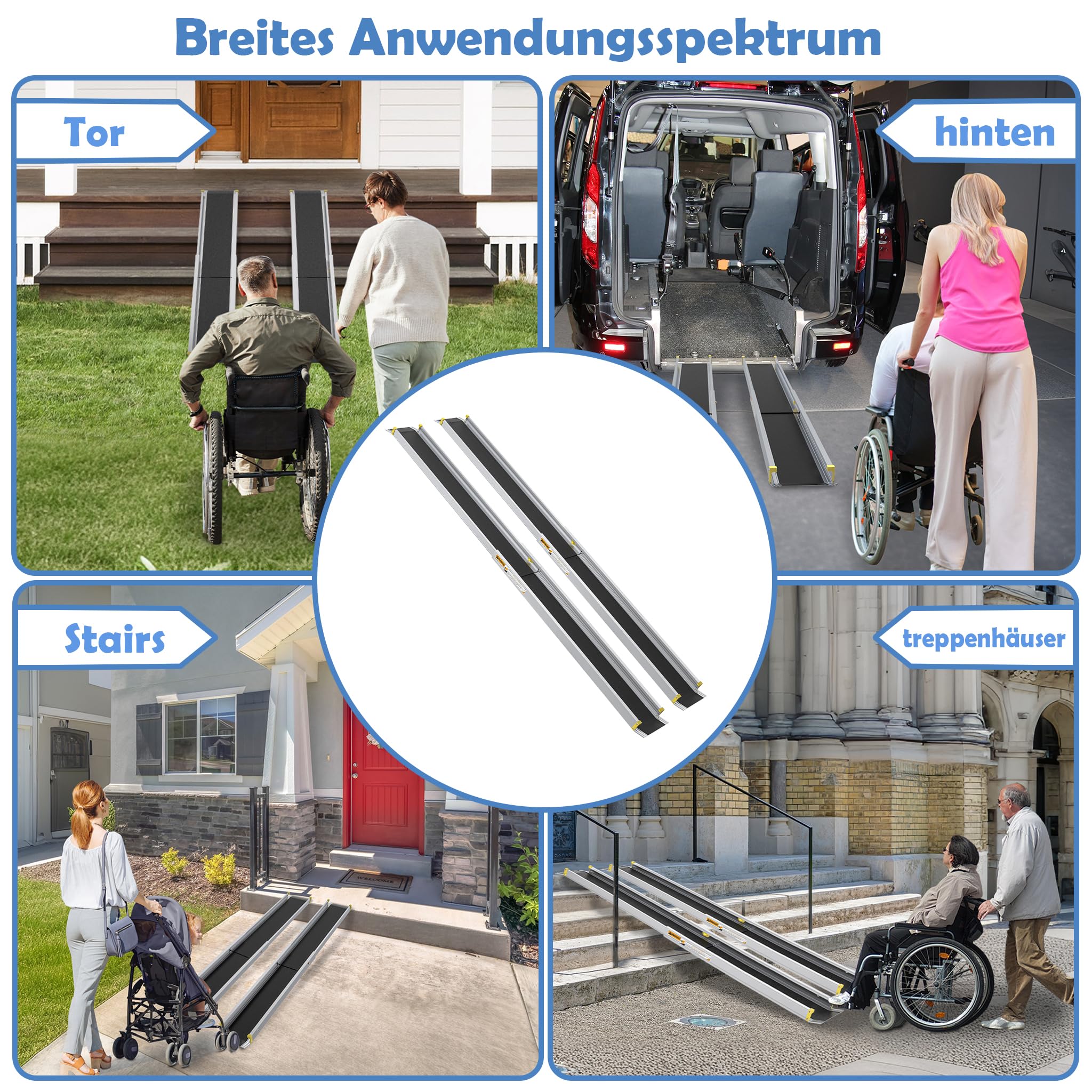 Froadp 2 x rampa dla wózków inwalidzkich do schodów, rampa teleskopowa do wózka inwalidzkiego, aluminiowa, rampa najazdowa do 300 kg, nośność 75,5-122 cm, regulowana rampa teleskopowa