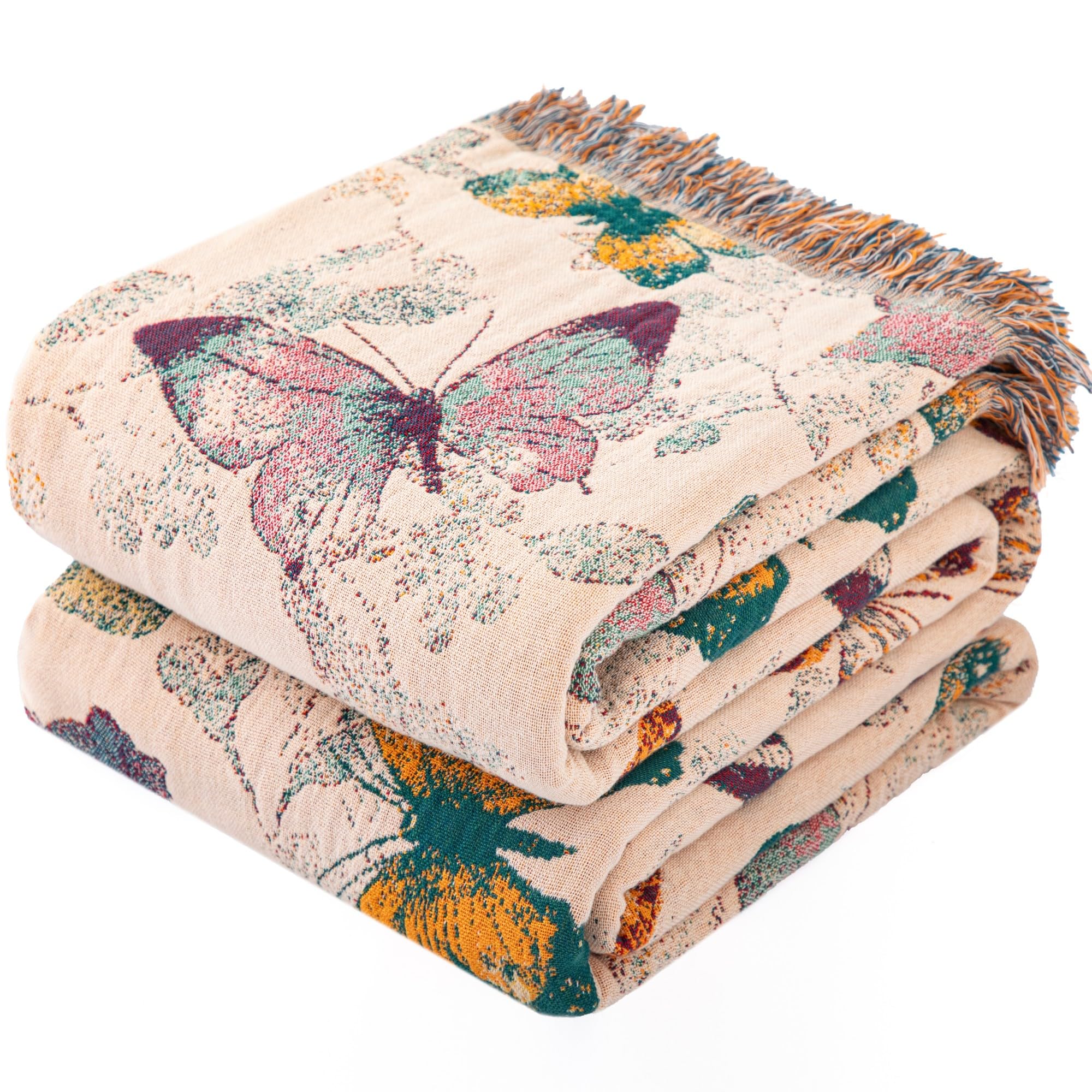 Dormilin Bohemian Throw Blanket for Sofa 200x230cm, 100% Organic Cotton Woven Picnic Blanket for Bed Couch 2-3 Seater, Soft Muslin Quilt with Floral Jacquard, Double-sided Bedspread Throws Green/White
