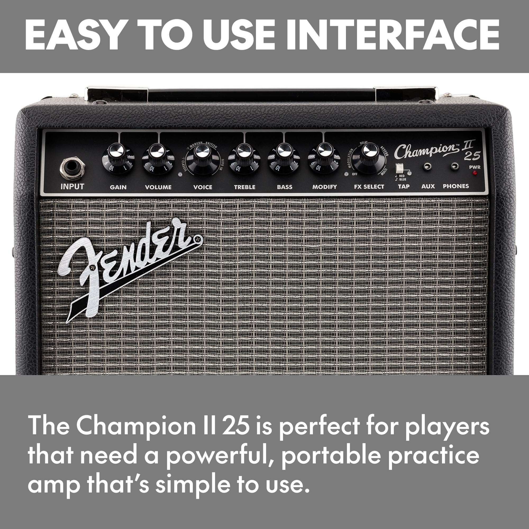 Fender Champion II 25 Gitarrenverstärker, 25 Watt, mit 2 Jahren Garantie, verfügt über 12 integrierte Effektmodelle