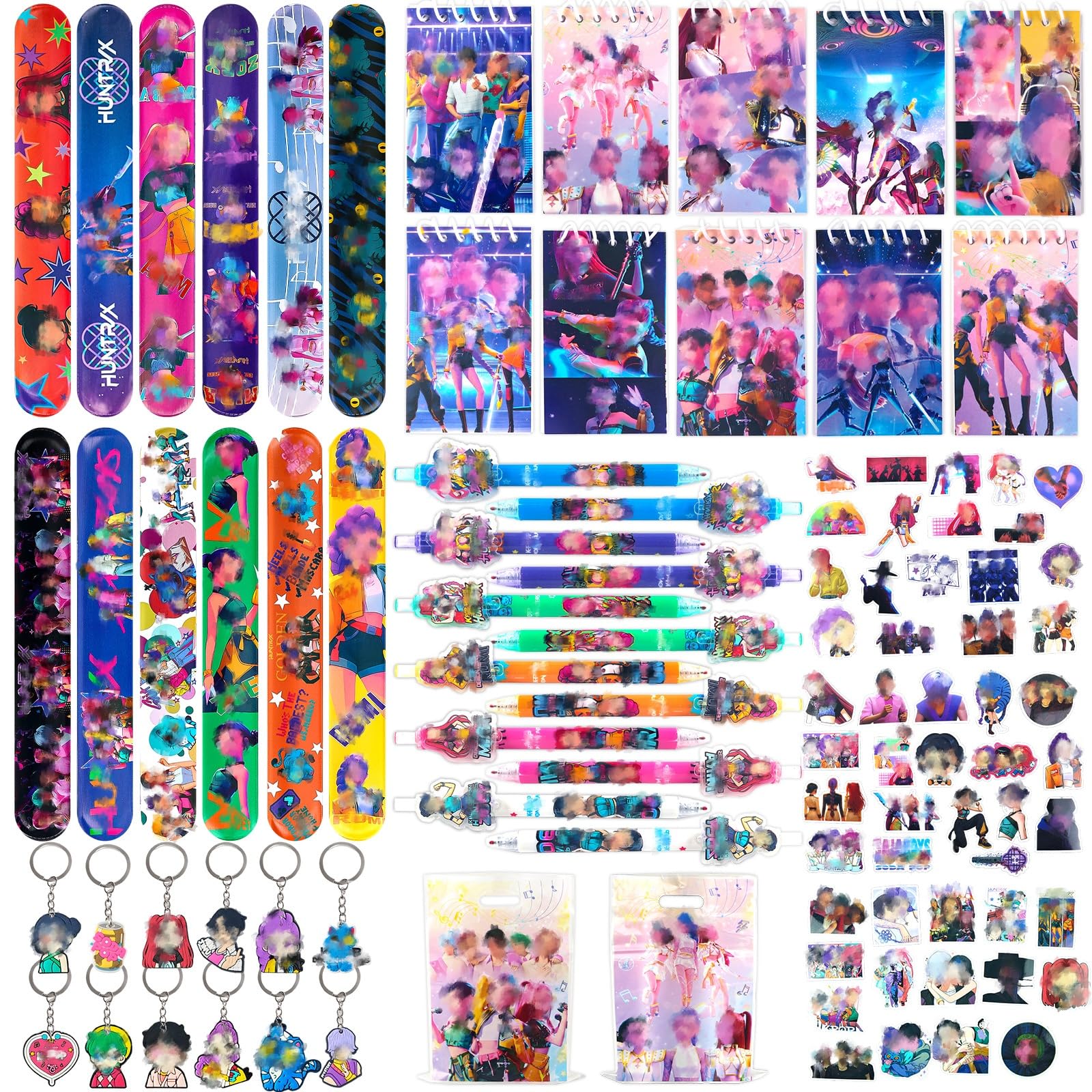 NTGFU 106Pcs Kids Party Bag Fillers, Anime Themed Party Favours with Pe Bags Keychains Snap Bracelets Neutral Pens Stickers Birthday Gift Bags Fillers for Children, Give Away Notebooks Class Rewards