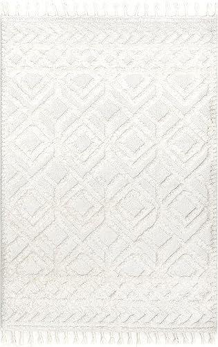 Miniatura 3 de nuLOOM Akia Lattice - Alfombra de área con borlas altasbajas, 3 x 5 pies, color beige