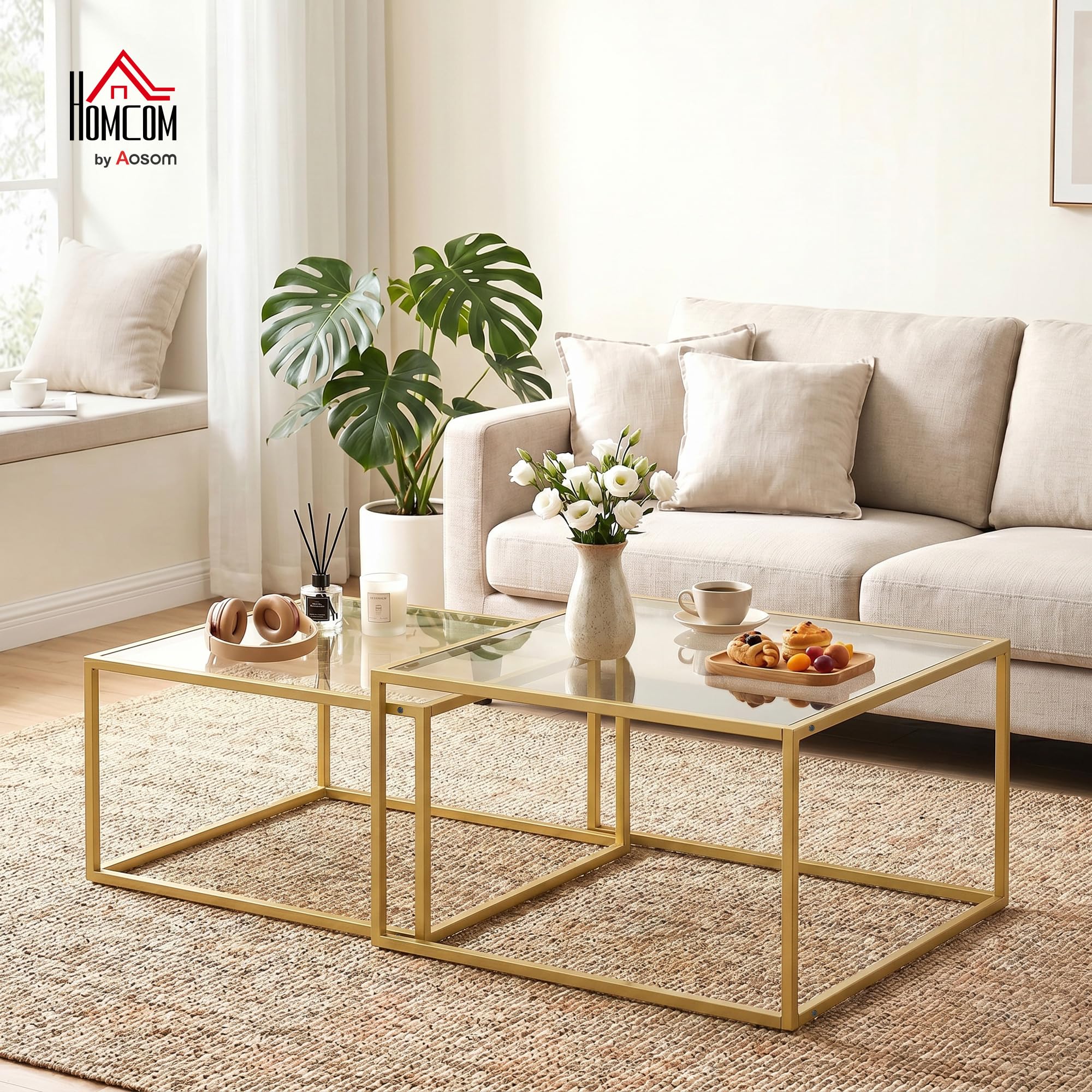 HOMCOM Set de 2 Mesas de Centro Cuadradas Modernas 75x75x42cm Dorado | Mesas Nido, Tablero de Vidrio Templado, Estructura Metálica, Ahorra Espacio, para Salón, Dormitorio u Oficina