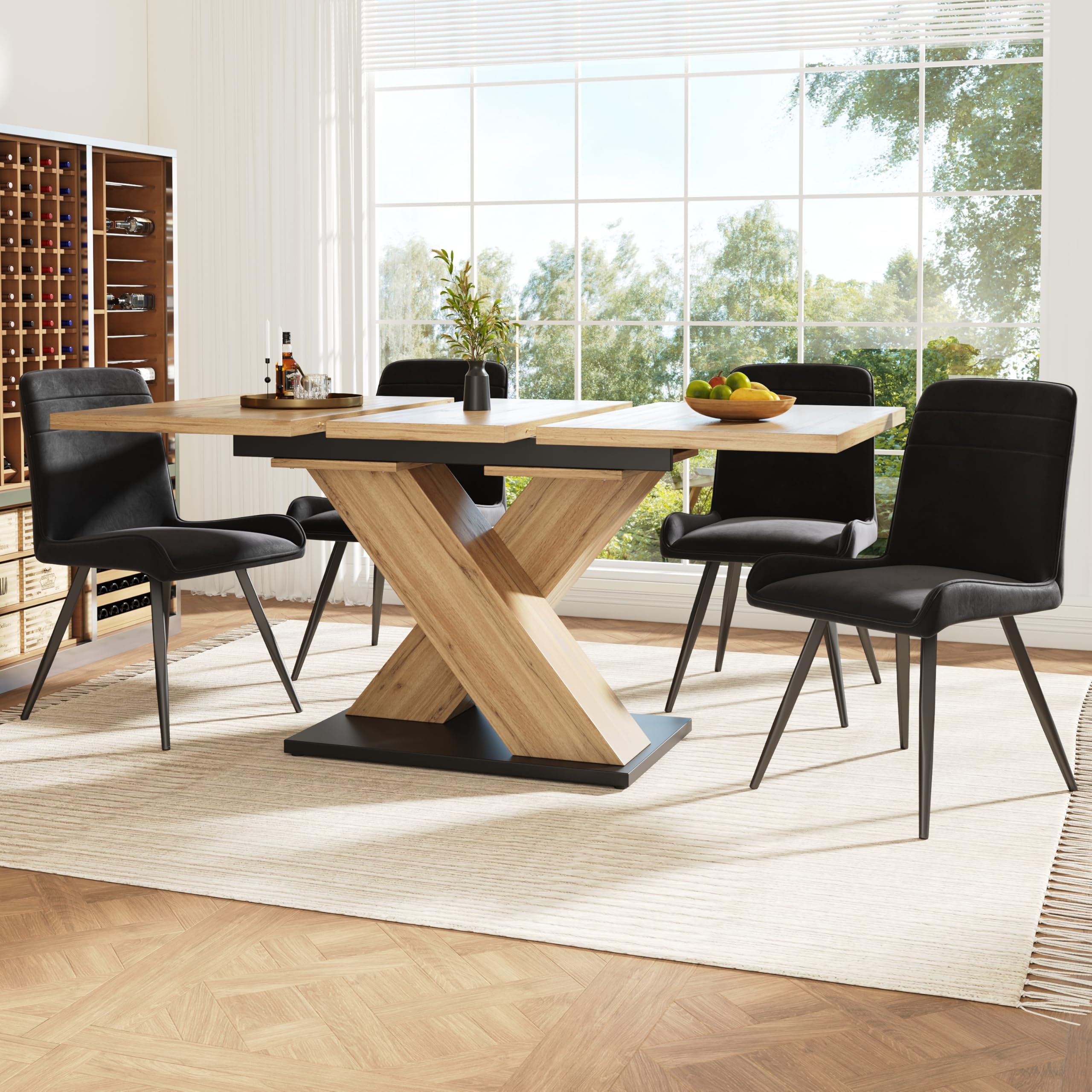 ModernLuxe Extendable Dining Table, Sturdy Kitchen Table with Iron Telescopic Pole, Simple and Exquisite, Elegant Crossed Legs Design, 4 Adjustable Feet on Bottom, Natural Wood Grain, 119-158.5×80cm — image 1