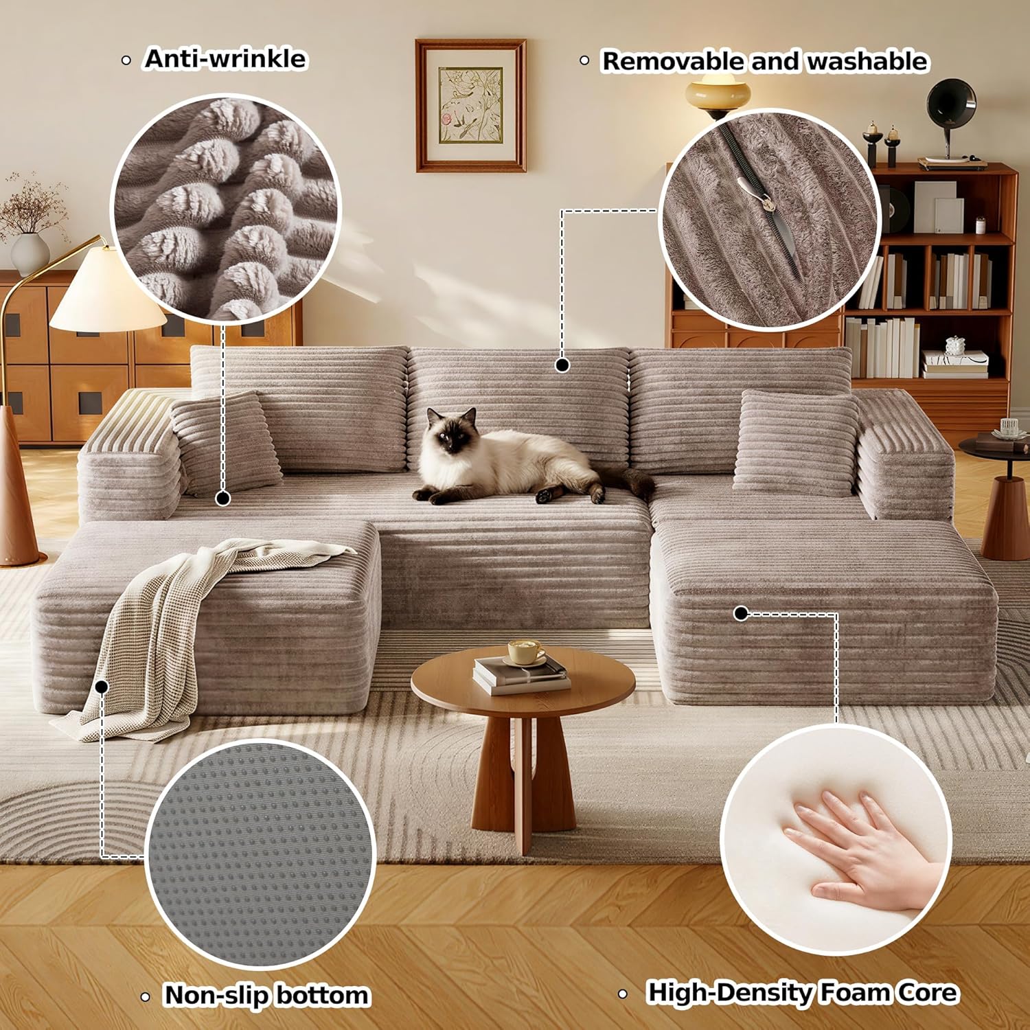 108.2" Modular Sectional Sofa with Deep Seat, Boneless U Shaped Corduroy Couch Modern Comfort, Cloud Couch Oversized for Living Room No Assembly (Camel) | Sectional,Boneless