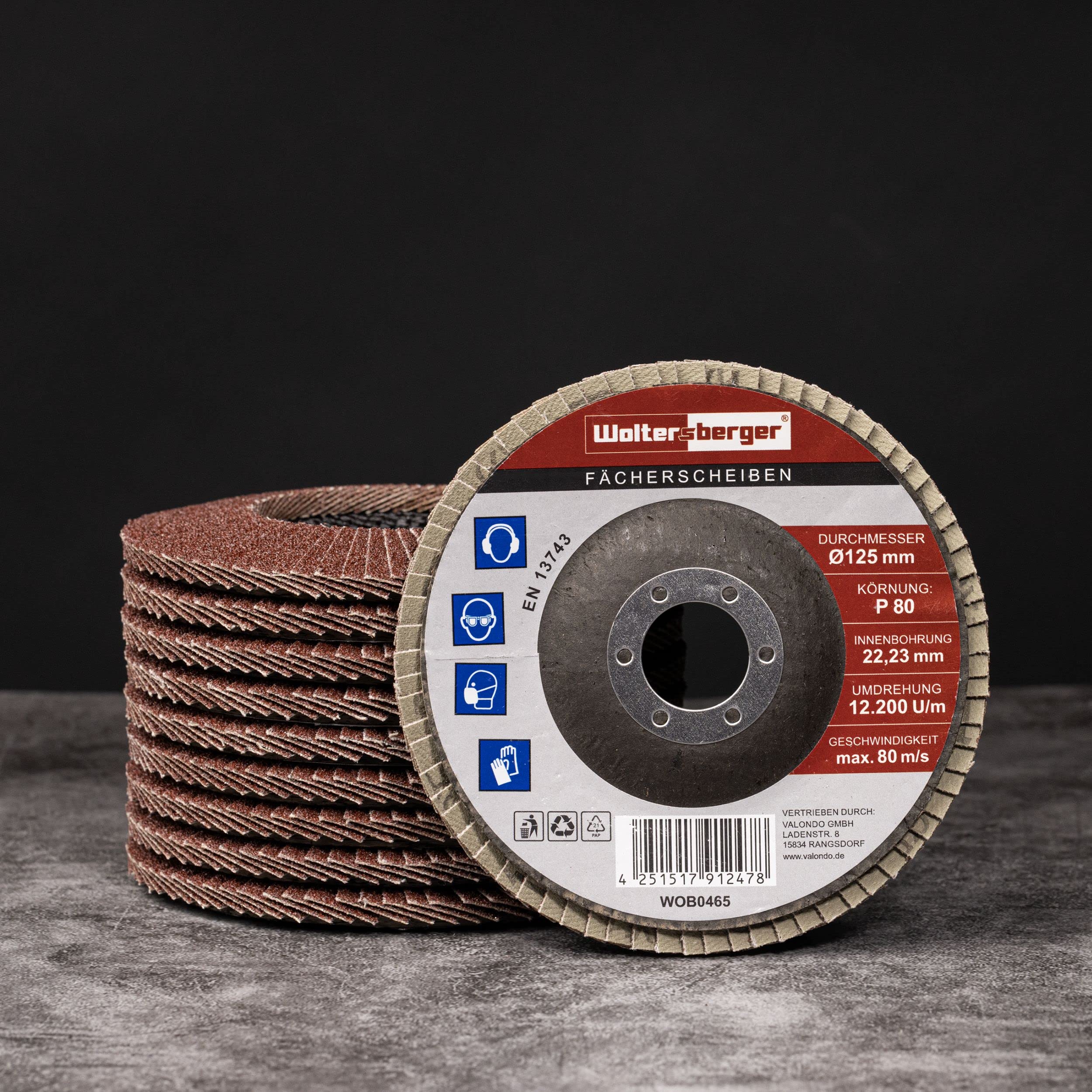 Woltersberger® Lot de 10 Disques Abrasifs à Lamelles, Disque de Meulage 125 mm Standard, Roues à feuillets abrasif Grain 80 pour métal et bois