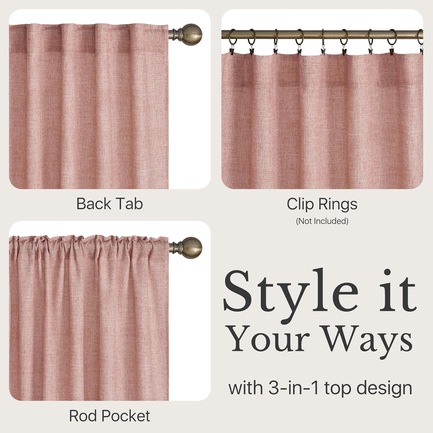 NICETOWN 230 GSM Blush Pink Curtains for Girls Room, Rich Linen Blend Rod Pocket & Back Tab Vertical Drapes Privacy Assured with Light Filtering Window Treatments for Bedroom, W52 x L90, 2 Panels