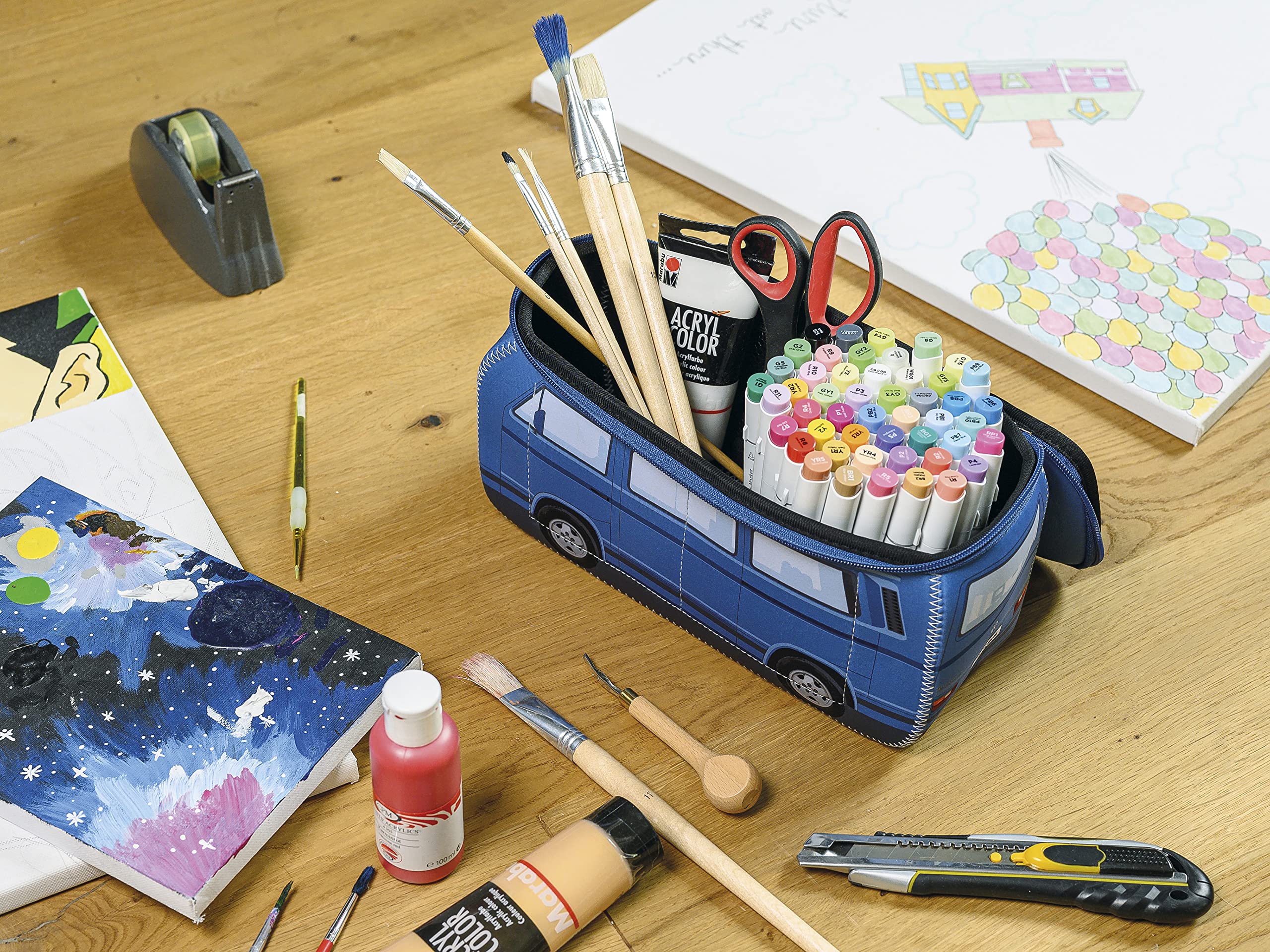 BRISA VW Collection – Volkswagen Neopren uniwersalna kosmetyczka do makijażu, kosmetyczka podróżna w stylu T3 Bulli Bus, niebieski, Groß (30 x 14 x 12 cm), T3 Bus