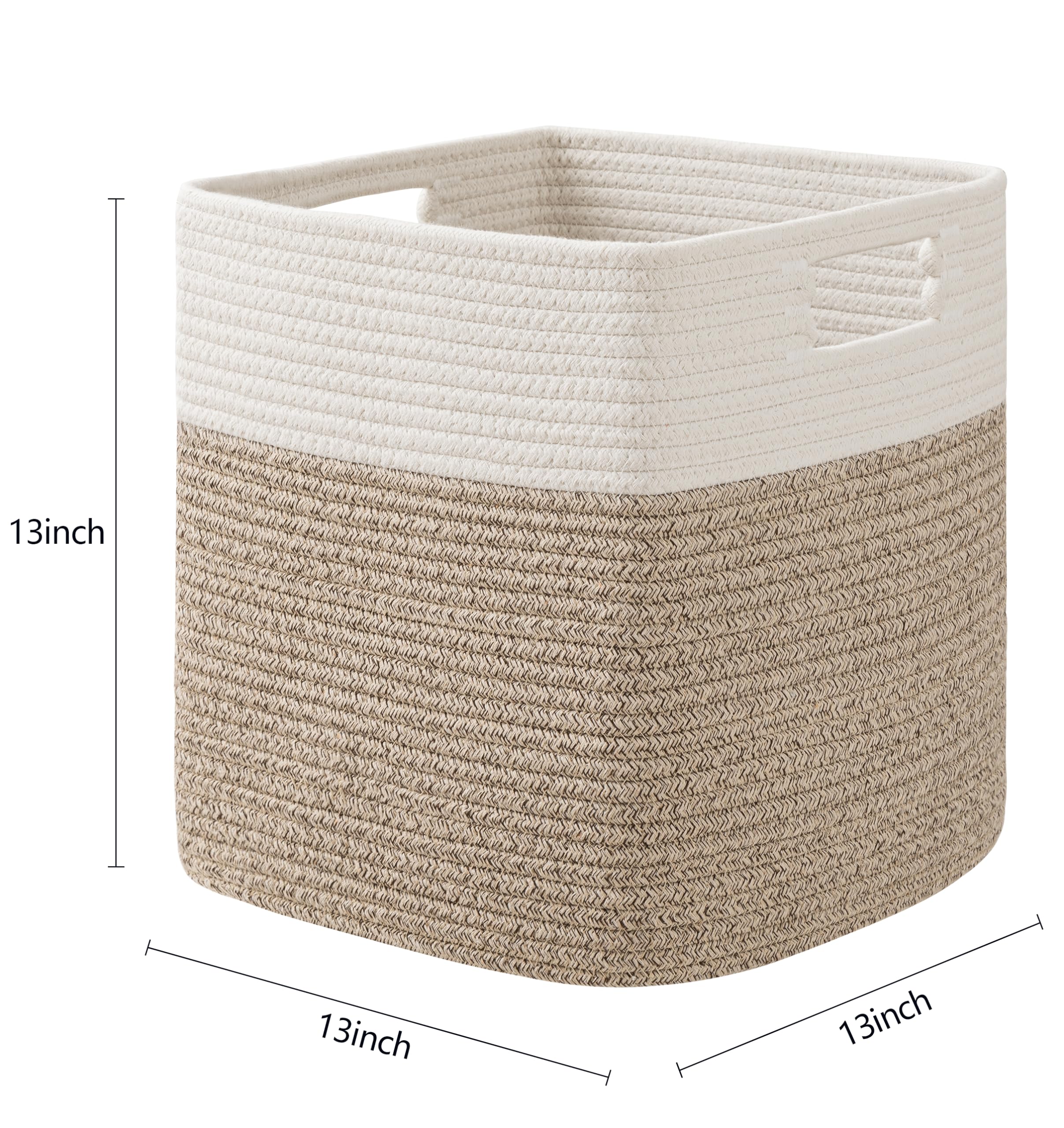 UBBCARE pack  of 1 Storage Basket-13 X 13 X 13 in, Cotton Rope Basket for Shelves, Toys, Book, Cube Storage Bins with Handles, Woven Storage Basket for Organizing, White/Brown