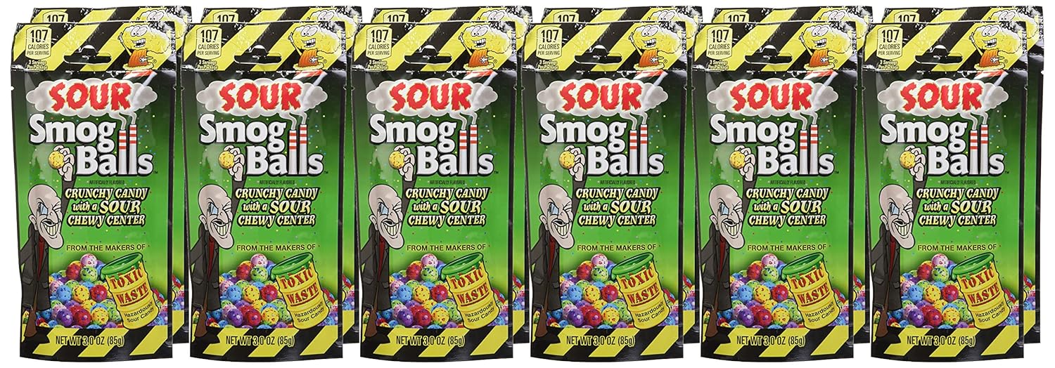 Toxic Waste Sour Smog Balls Crunchy Candy with a Sour Chewy Center 3 Ounce Packs (Pack of 12)