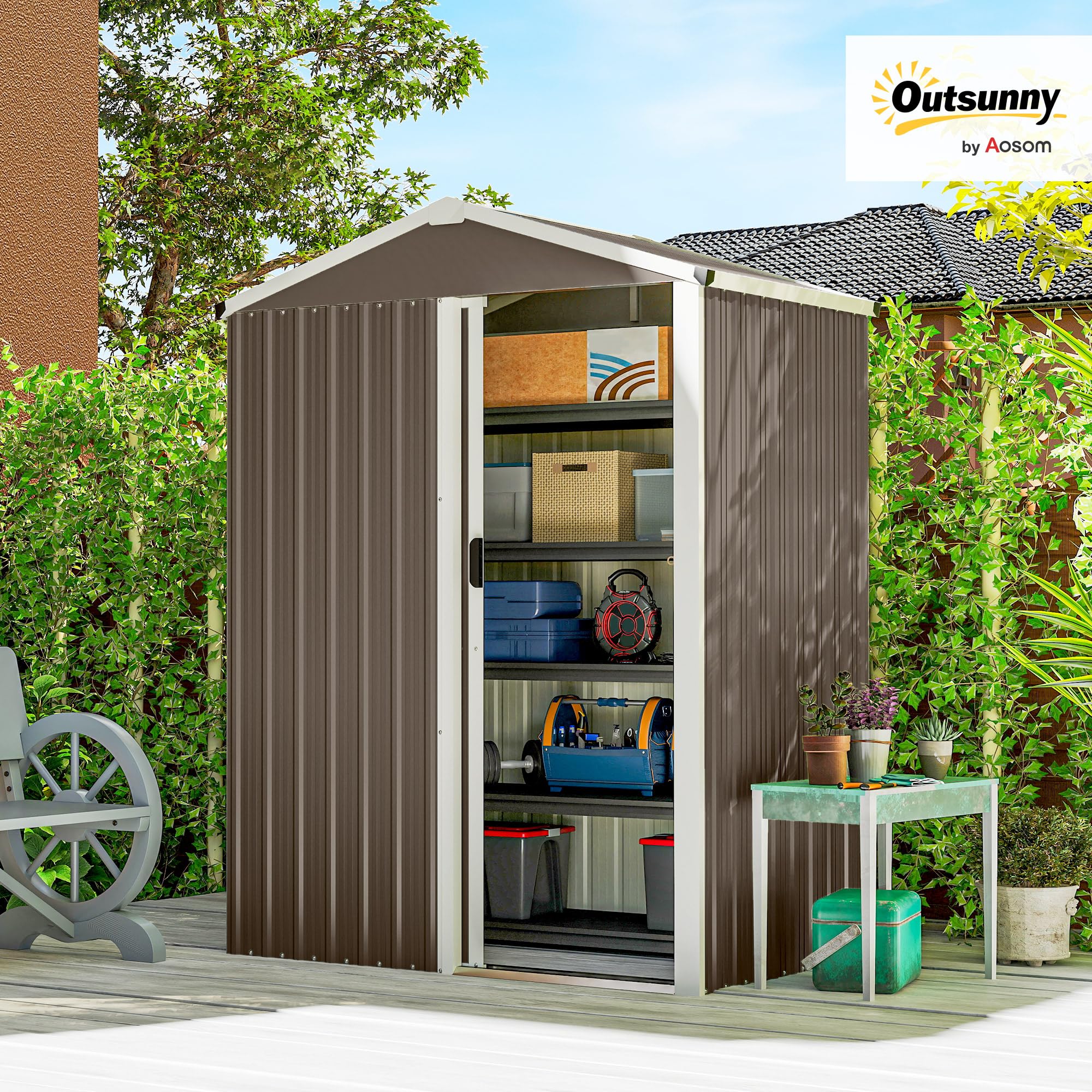 Outsunny Casetta da Giardino 1.1m² Acciaio Zincato 136x87x179 cm Marrone