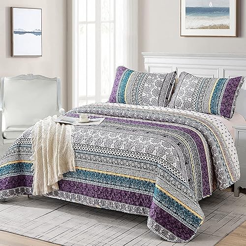 Miniatura 2 de WONGS BEDDING Juego de edredón bohemio tamaño matrimonial, juego de edredón bohemio de 3 piezas, juego de ropa de cama ligero de verano para todas