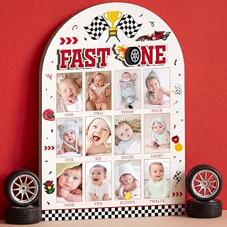 R HORSE 3D Fast One Race Car Photo Display Wood Board - 2x3in Pic Red Black Race Car Baby First Year Picture Frame 12 Months Milestone Board Baby Keepsake Gift One Year Old Birthday Nursery Decor