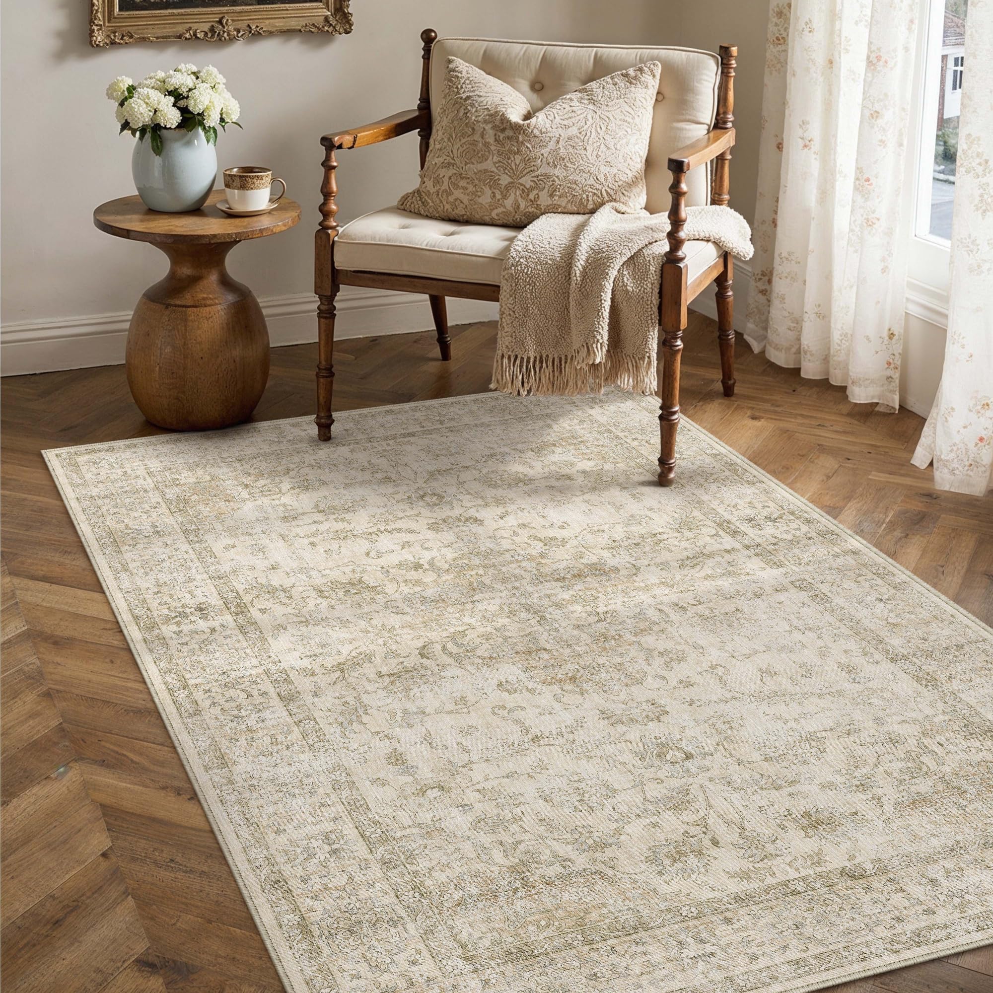 PureCozy Vintage Beige Rugs Living Room Large 80x150cm Bedroom Washable Non Slip Soft Area Rug Kitchen Bedroom Dining Room Office Indoor Carpet Low Pile Carpets — image 1