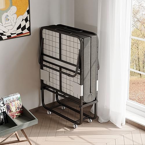 Miniatura 5 de Cama plegable con colchón cama de invitados plegable portátil para adultos cuna plegable con bolsa de almacenamiento de tela y ruedas de marco de