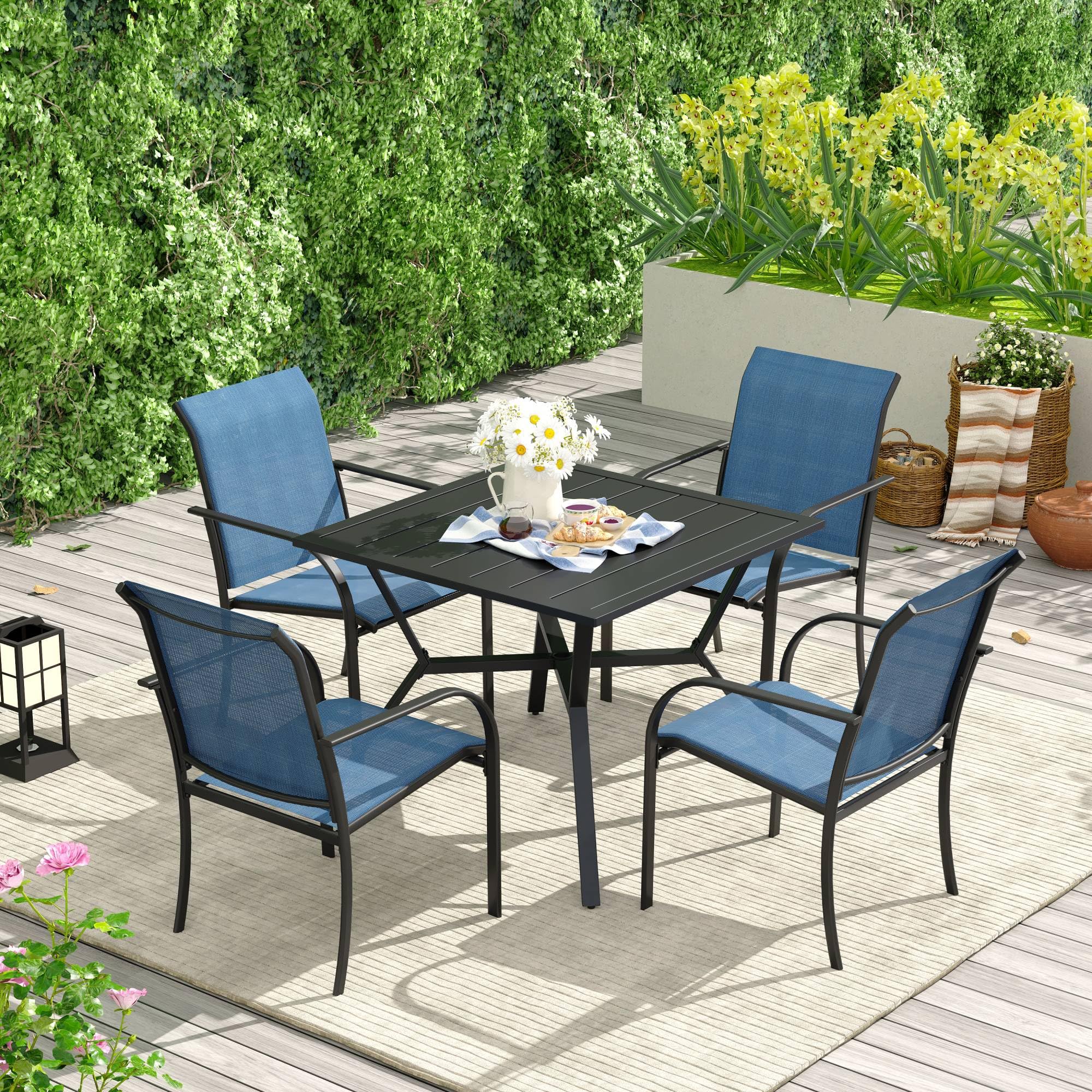 VICLLAX5 Pieces Outdoor Patio Dining Set for 4, 36" Square Metal Dining Table with Umbrella Hole and 4 Stackable Textilene Chairs for Patio, Lawn, Garden, Porch, Black Table/Dark Blue Chairs