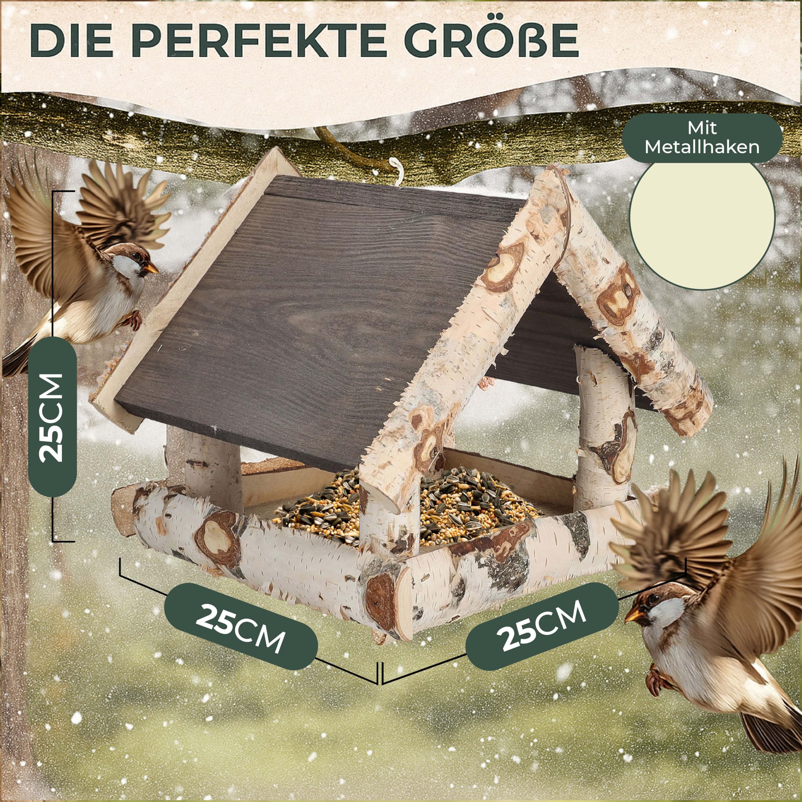 Comedero para pájaros de madera de abedul, comedero para pájaros para colgar, resistente a la intemperie, techo y gancho de metal, 26 x 26 x 25 cm, incluye 500 g de comida para pájaros lista