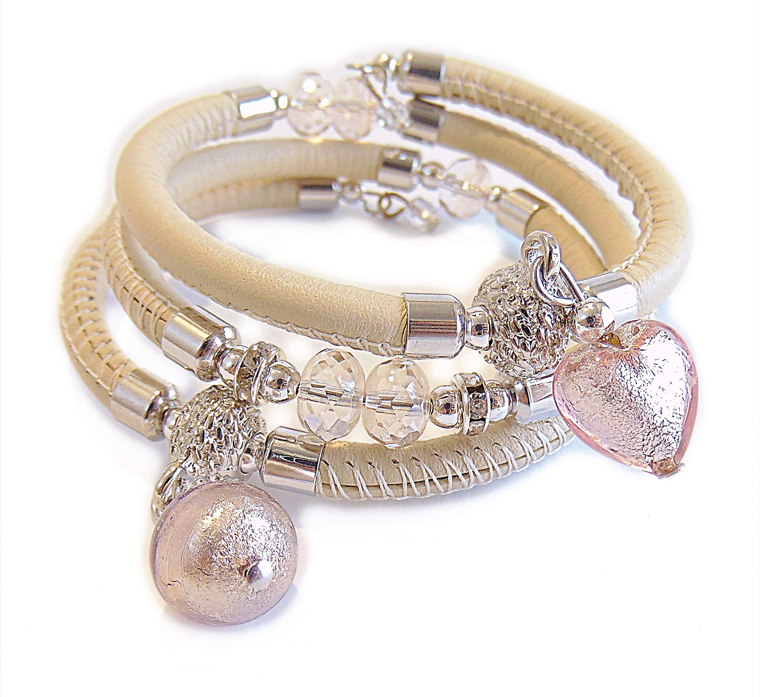 Bracciale Tre Giri In Vera Pelle Toscana E Perle Di Vetro Di Murano Originali – Oro E Argento 24kt – Made In Italy